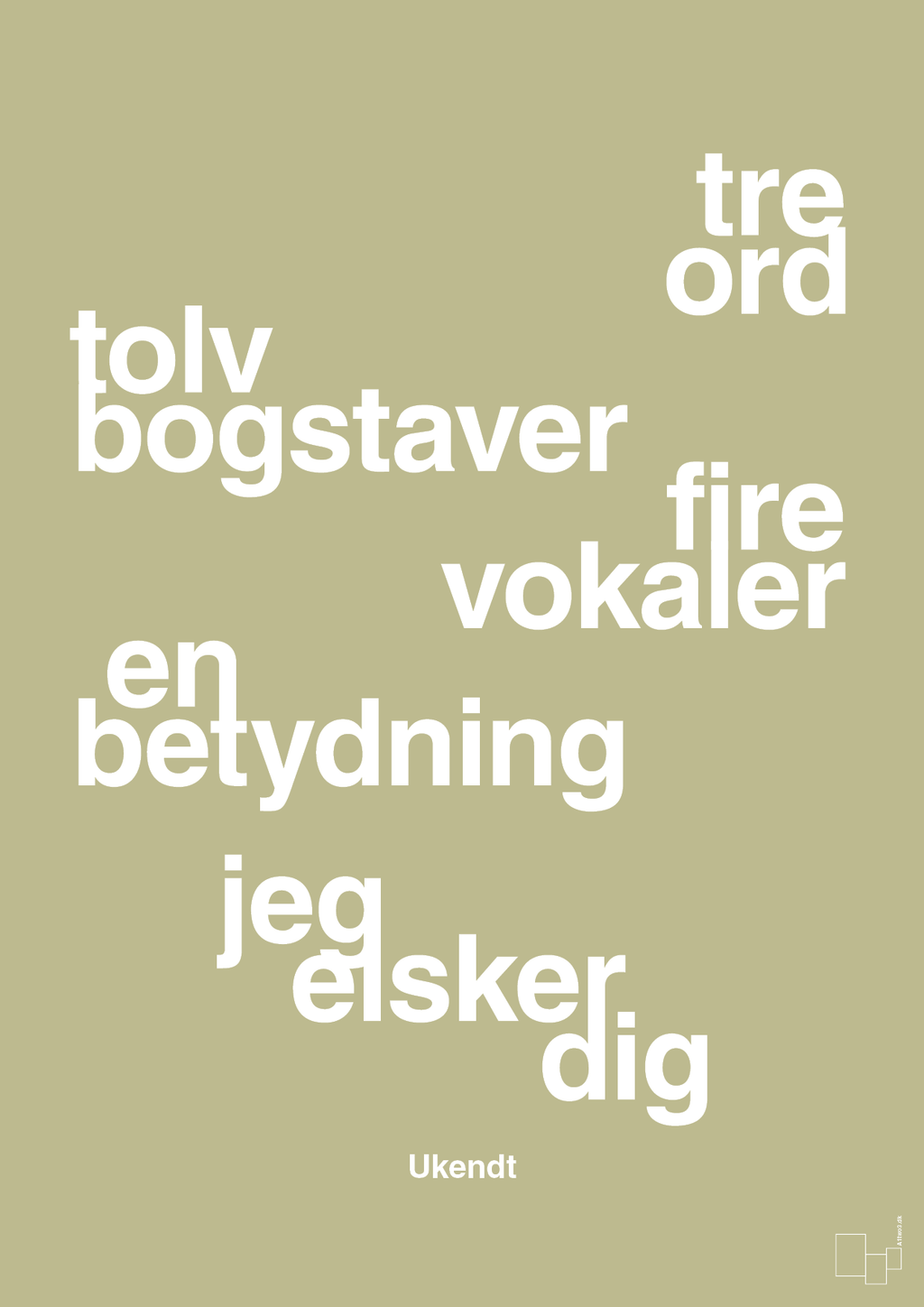 plakat: tre ord tolv bogstaver fire vokaler en betydning jeg elsker dig - back to nature-Ukendt-A1two3