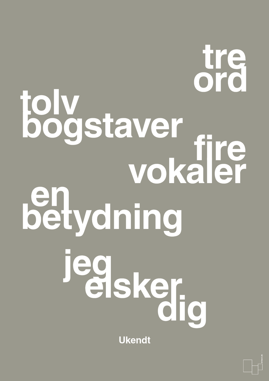 plakat: tre ord tolv bogstaver fire vokaler en betydning jeg elsker dig - battleship gray-Ukendt-A1two3