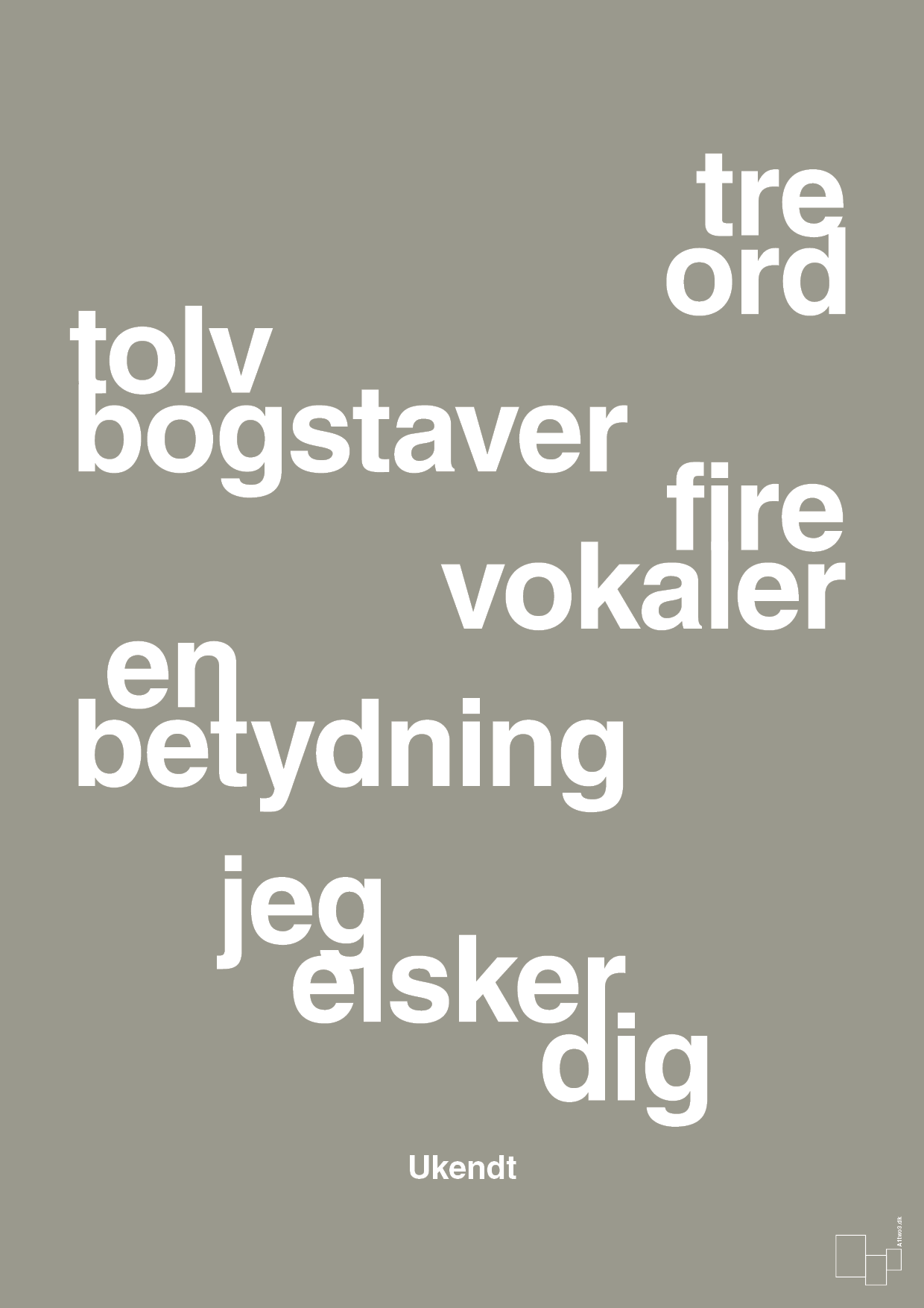 plakat: tre ord tolv bogstaver fire vokaler en betydning jeg elsker dig - battleship gray-Ukendt-A1two3