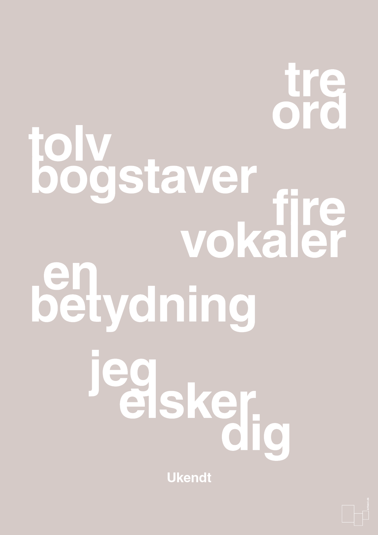 plakat: tre ord tolv bogstaver fire vokaler en betydning jeg elsker dig - broken beige-Ukendt-A1two3