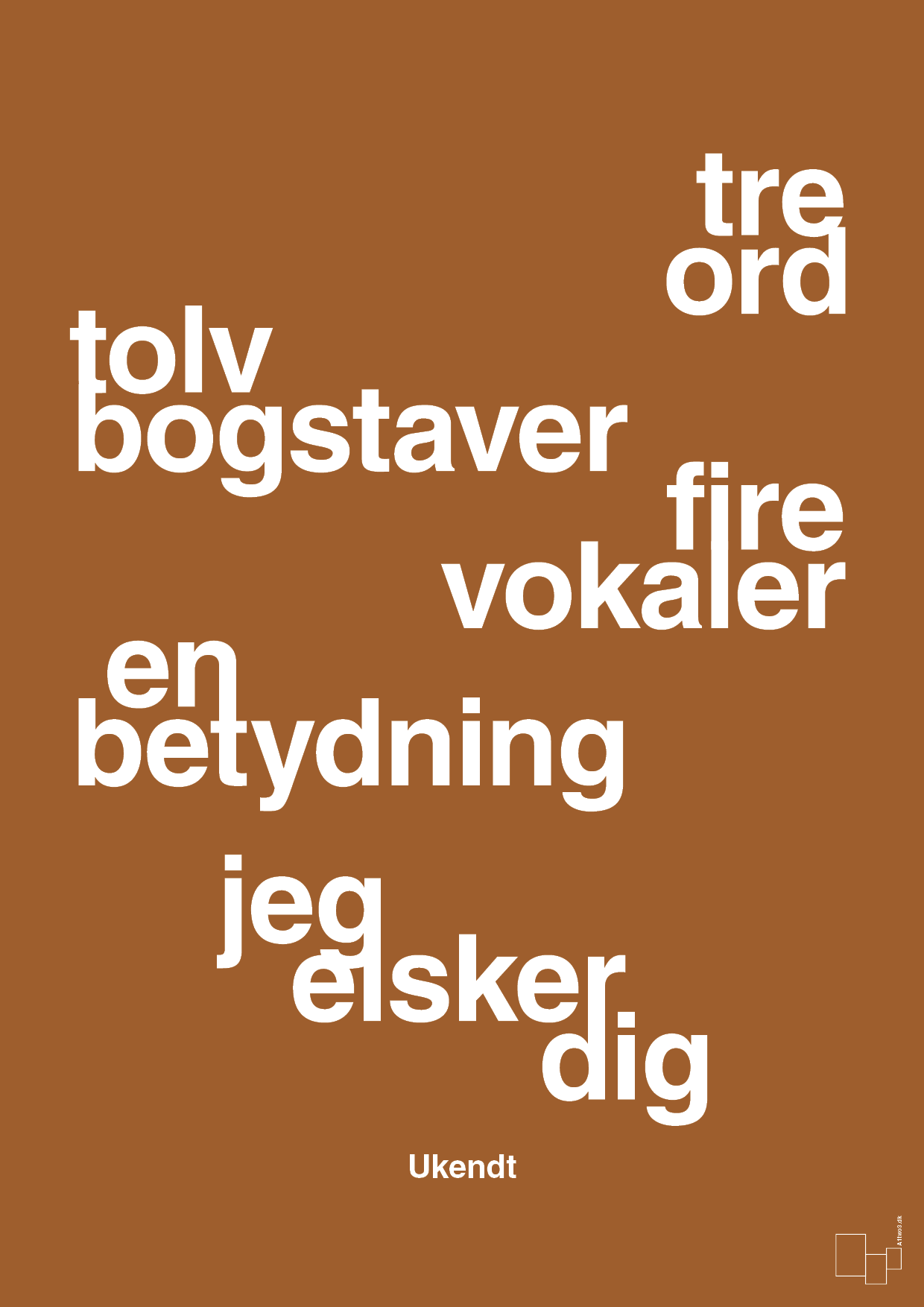 plakat: tre ord tolv bogstaver fire vokaler en betydning jeg elsker dig - cognac-Ukendt-A1two3