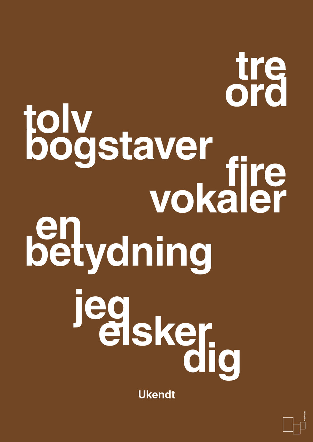 plakat: tre ord tolv bogstaver fire vokaler en betydning jeg elsker dig - dark brown-Ukendt-A1two3
