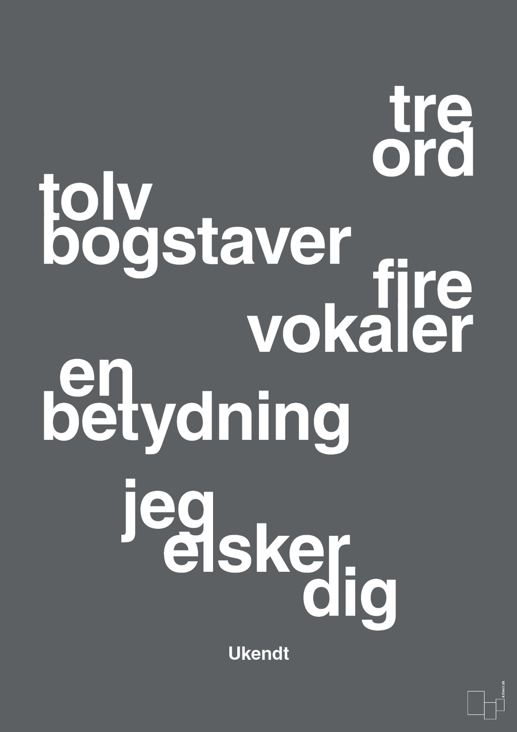 plakat: tre ord tolv bogstaver fire vokaler en betydning jeg elsker dig - graphic charcoal-Ukendt-A1two3