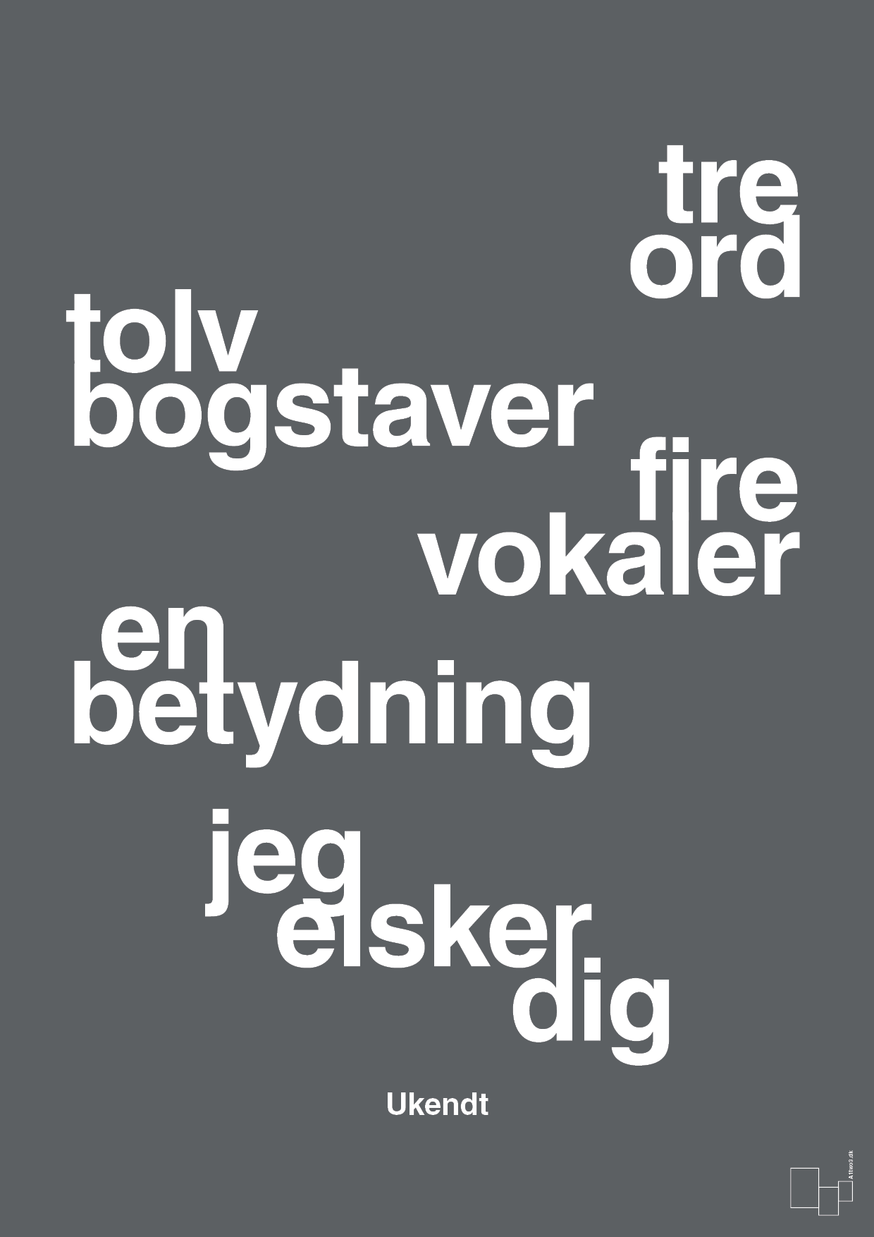 plakat: tre ord tolv bogstaver fire vokaler en betydning jeg elsker dig - graphic charcoal-Ukendt-A1two3