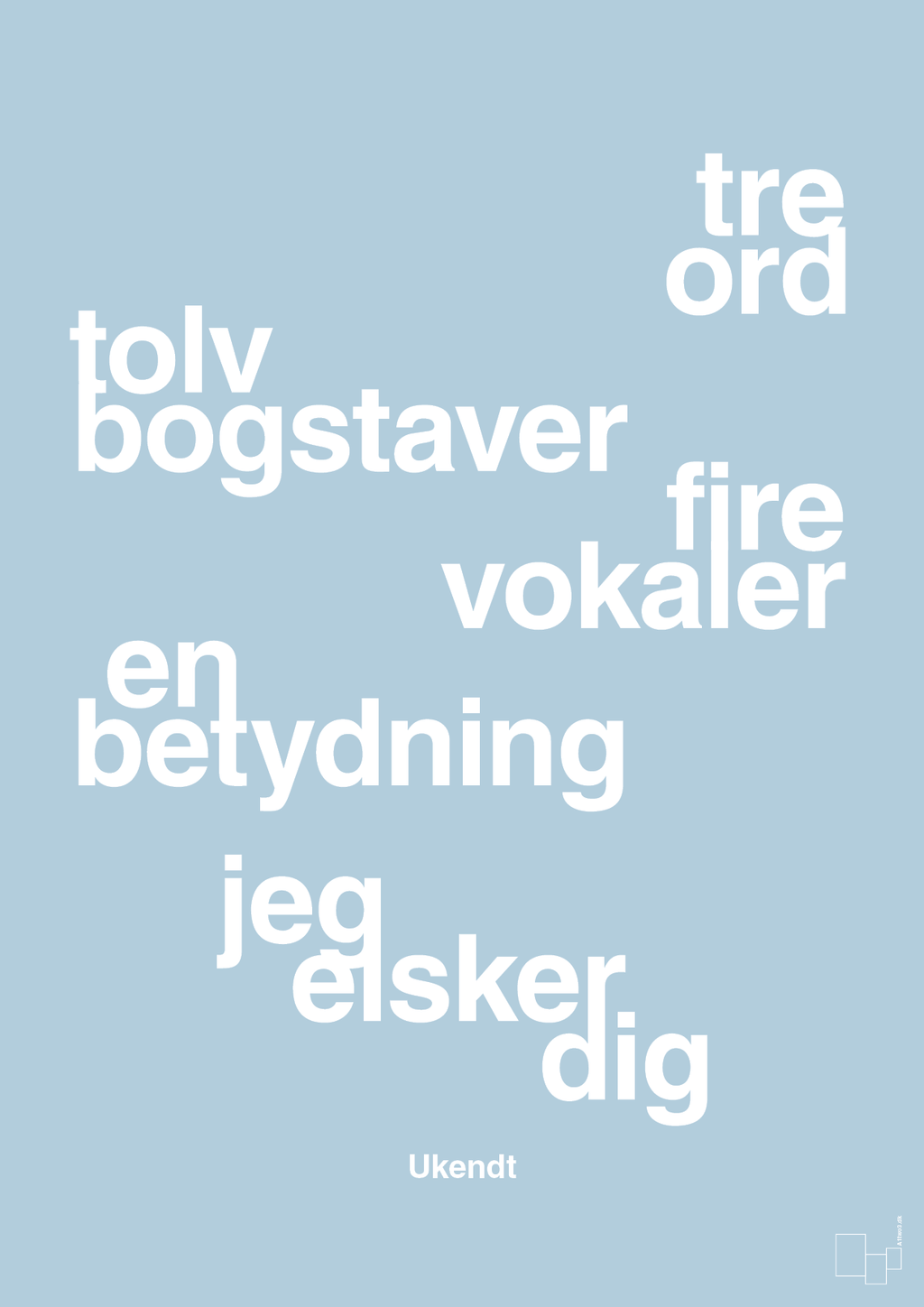 plakat: tre ord tolv bogstaver fire vokaler en betydning jeg elsker dig - heavenly blue-Ukendt-A1two3