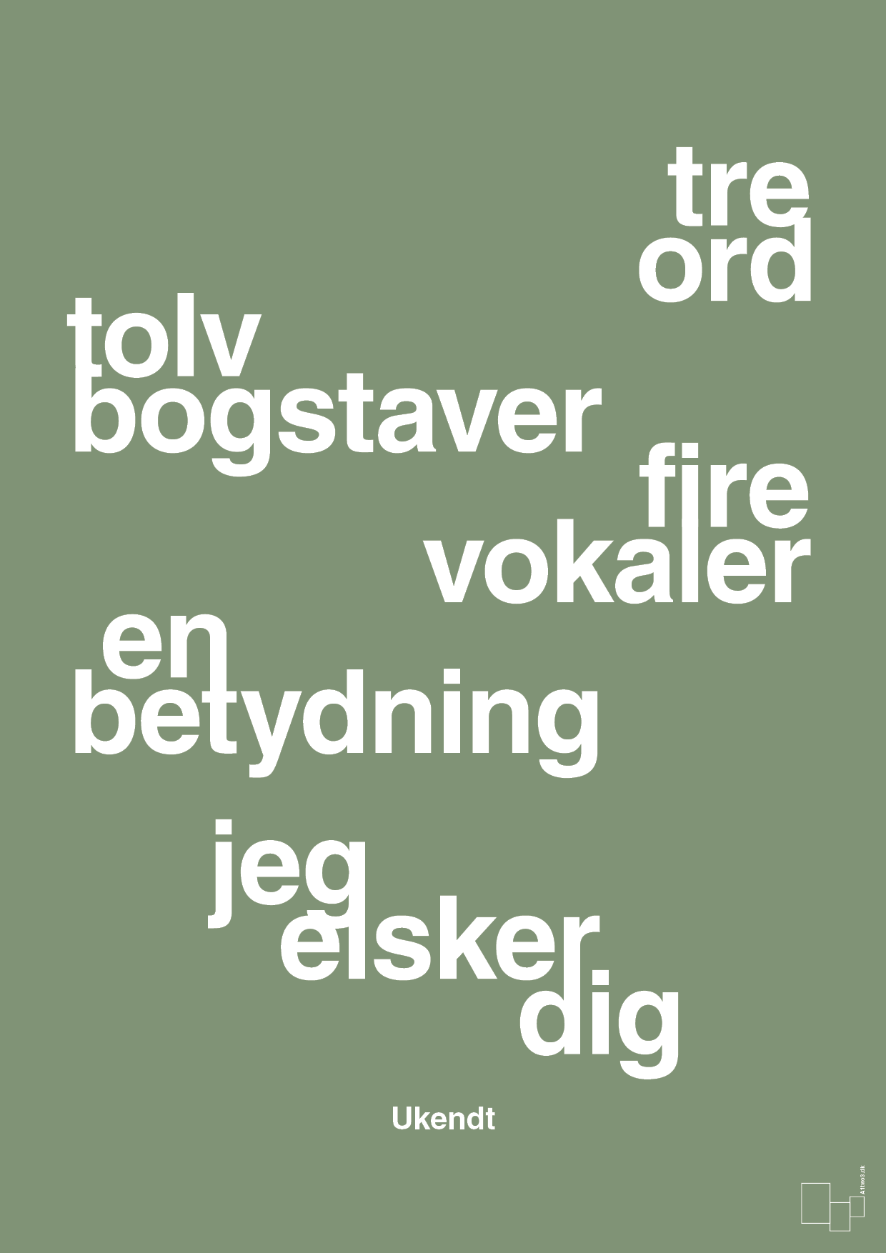 plakat: tre ord tolv bogstaver fire vokaler en betydning jeg elsker dig - jade-Ukendt-A1two3