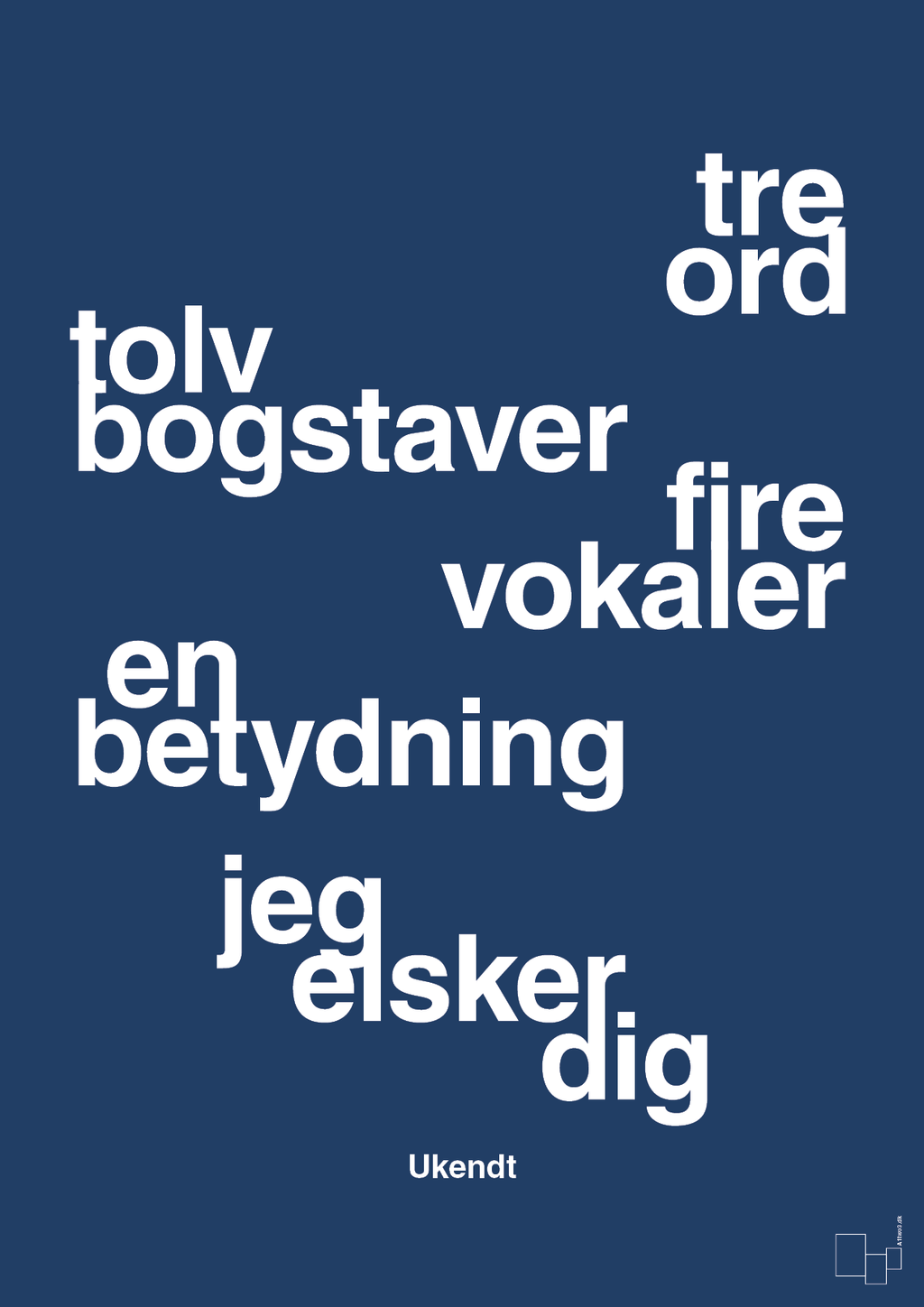 plakat: tre ord tolv bogstaver fire vokaler en betydning jeg elsker dig - lapis blue-Ukendt-A1two3