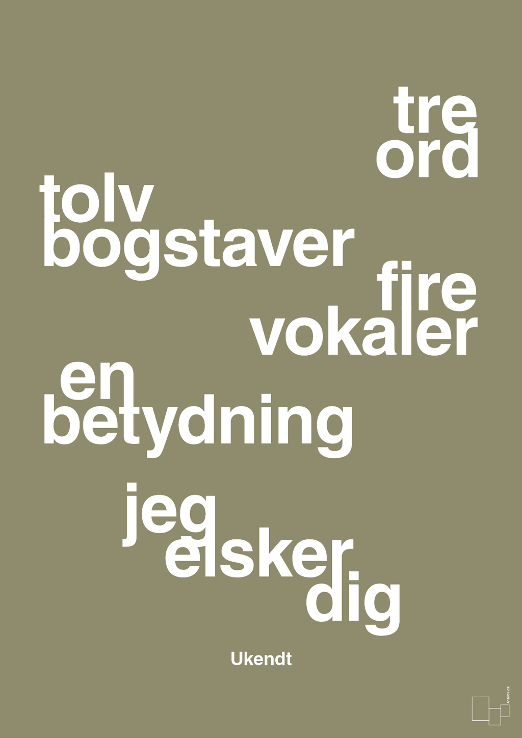 plakat: tre ord tolv bogstaver fire vokaler en betydning jeg elsker dig - misty forrest-Ukendt-A1two3