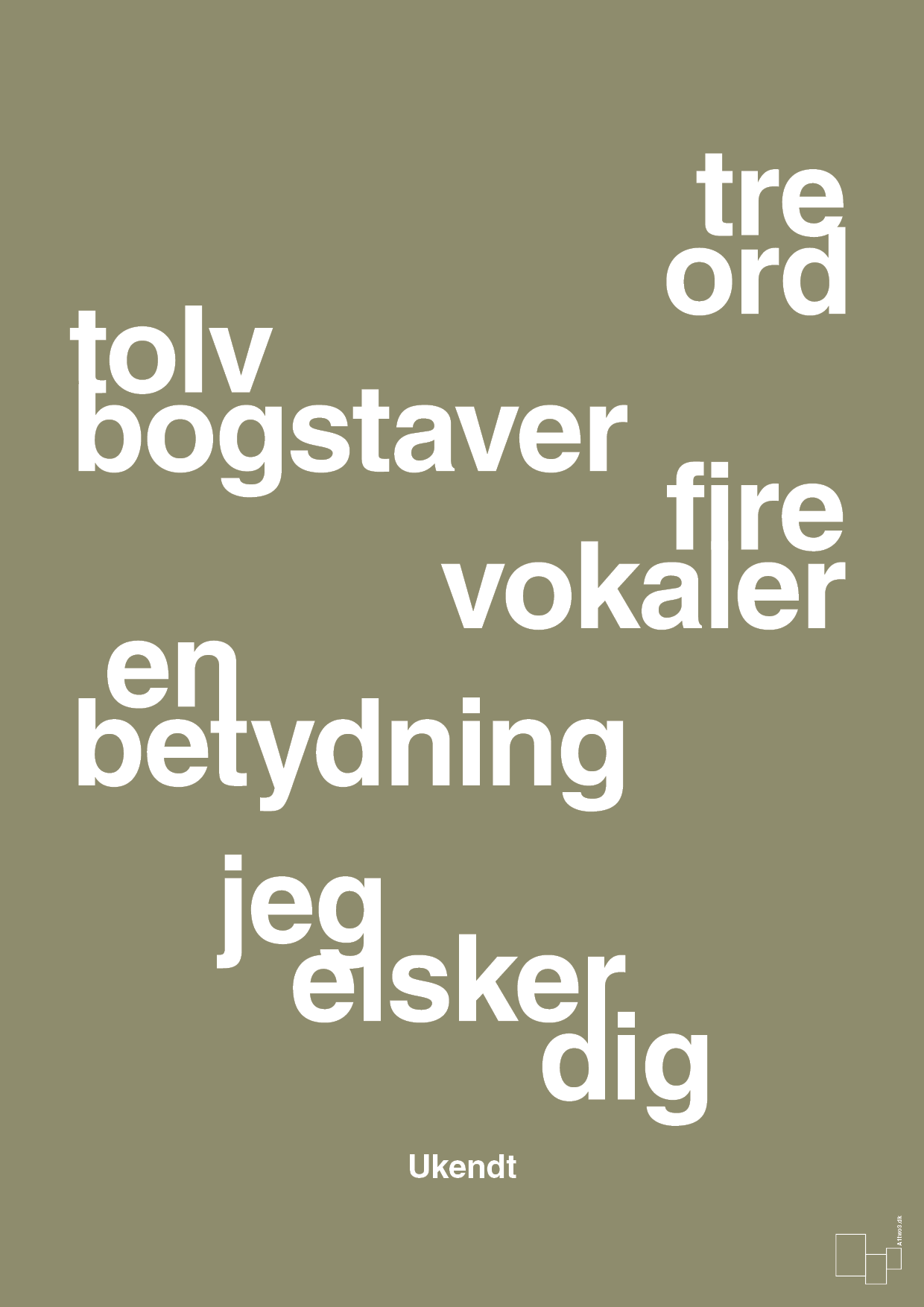 plakat: tre ord tolv bogstaver fire vokaler en betydning jeg elsker dig - misty forrest-Ukendt-A1two3
