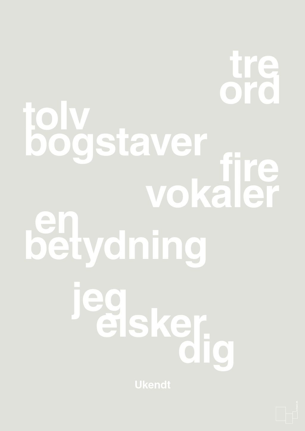 plakat: tre ord tolv bogstaver fire vokaler en betydning jeg elsker dig - painters white-Ukendt-A1two3