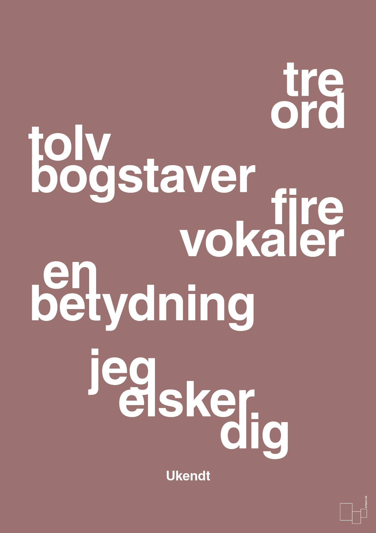 plakat: tre ord tolv bogstaver fire vokaler en betydning jeg elsker dig - plum-Ukendt-A1two3