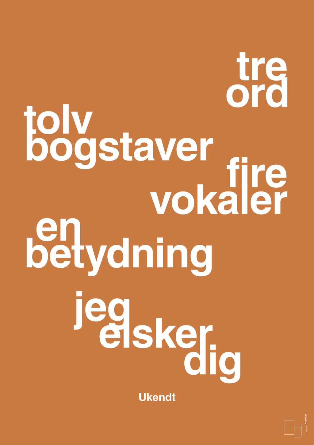 plakat: tre ord tolv bogstaver fire vokaler en betydning jeg elsker dig - rumba orange-Ukendt-A1two3