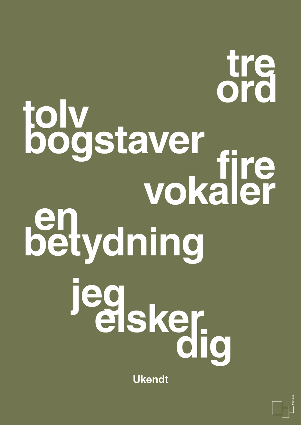 plakat: tre ord tolv bogstaver fire vokaler en betydning jeg elsker dig - secret meadow-Ukendt-A1two3