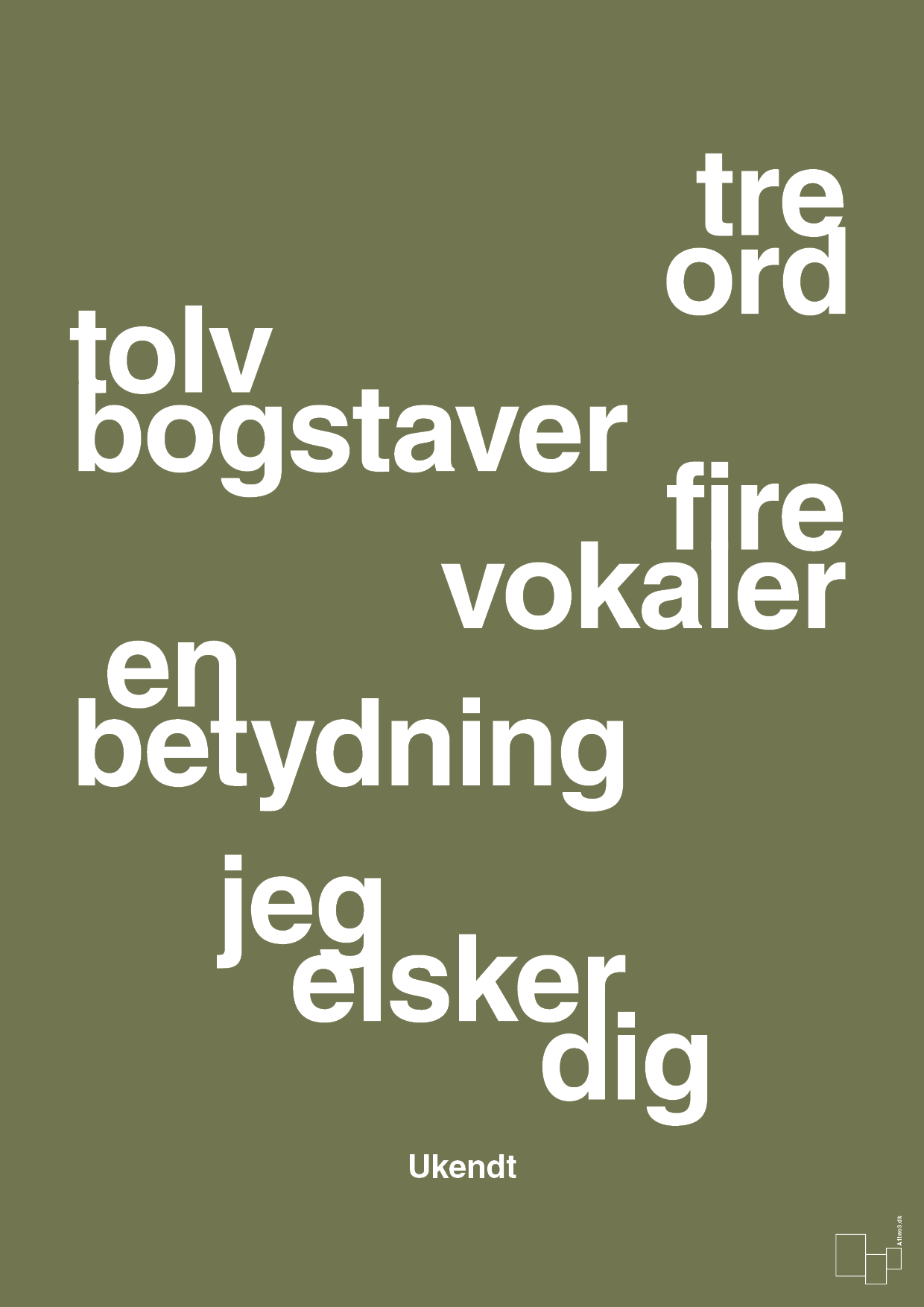 plakat: tre ord tolv bogstaver fire vokaler en betydning jeg elsker dig - secret meadow-Ukendt-A1two3