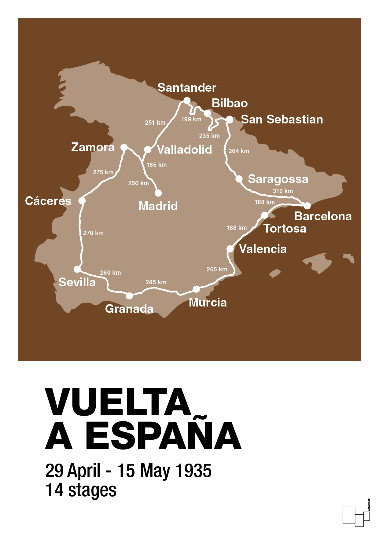 plakat: vuelta a españa 1935 - dark brown-Cykling-A1two3