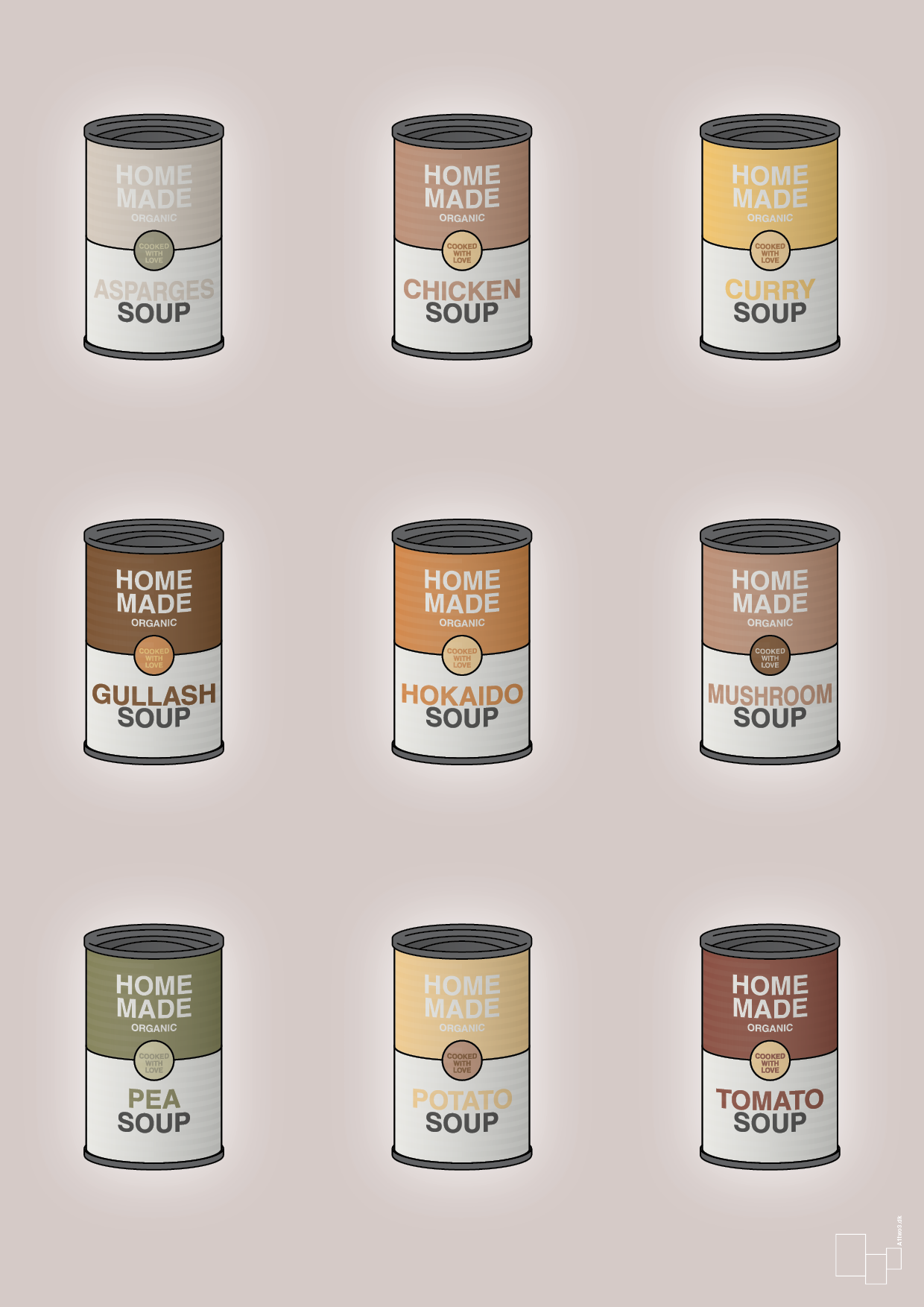 plakat: forskellige dåser med soup - broken beige-Dåser-A1two3