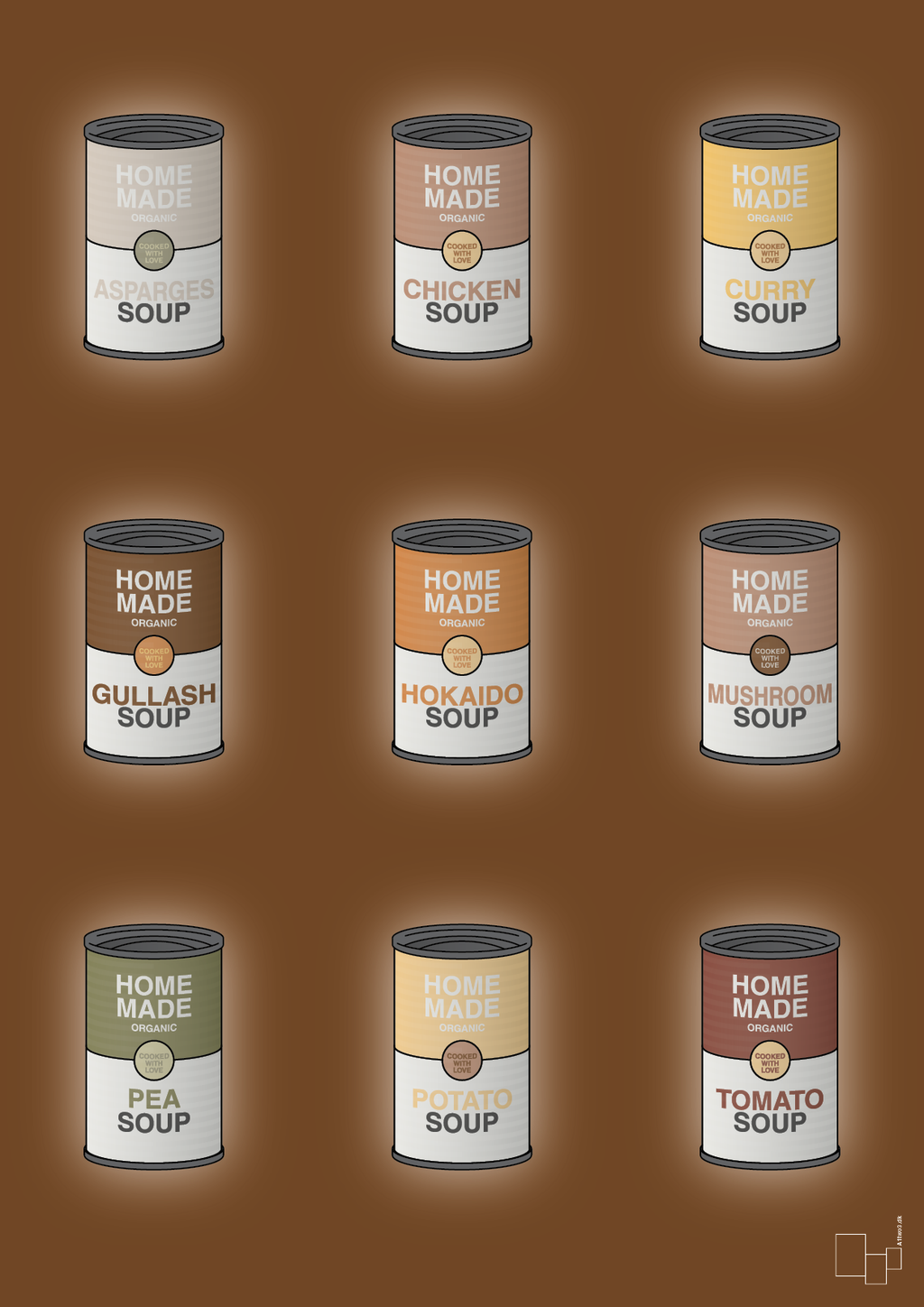 plakat: forskellige dåser med soup - dark brown-Dåser-A1two3