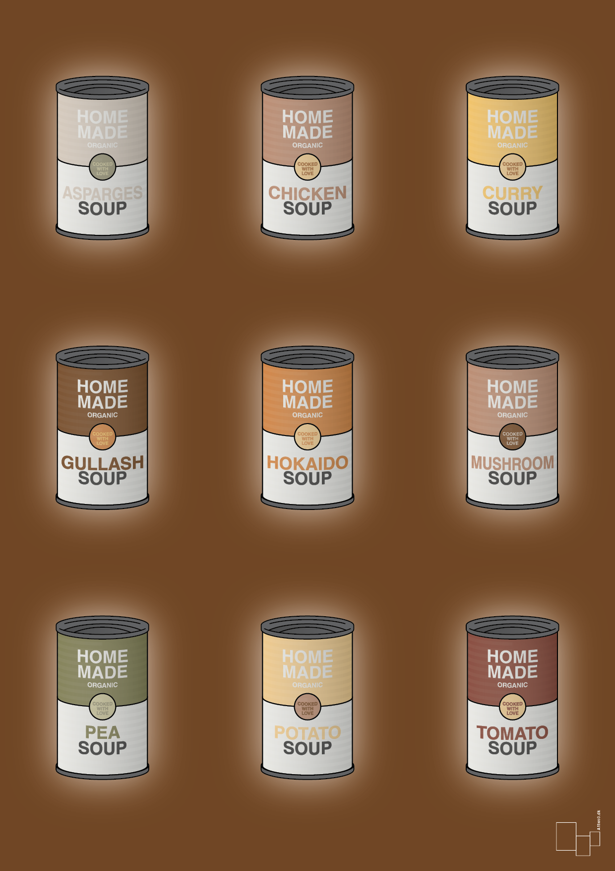 plakat: forskellige dåser med soup - dark brown-Dåser-A1two3