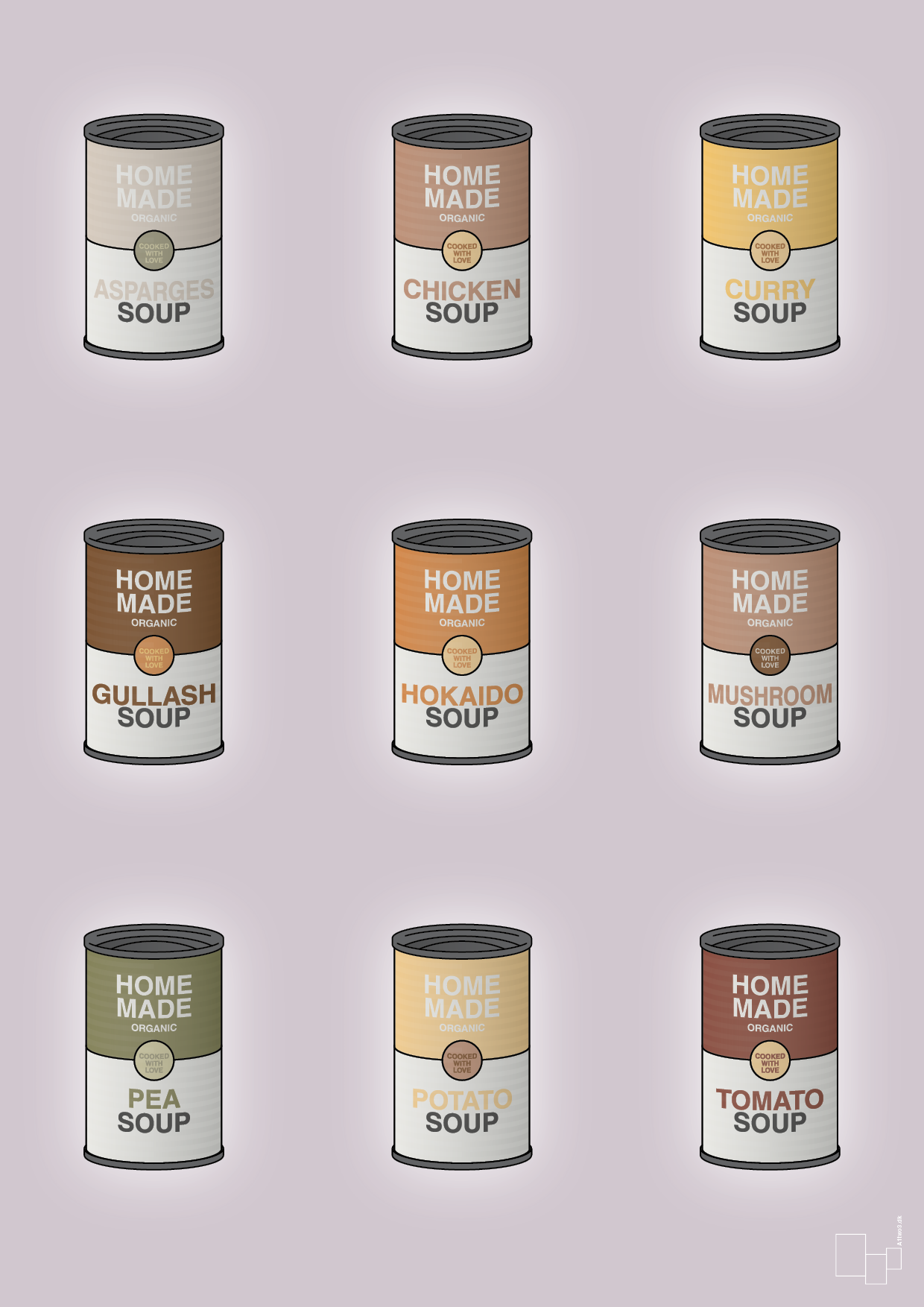 plakat: forskellige dåser med soup - dusty lilac-Dåser-A1two3
