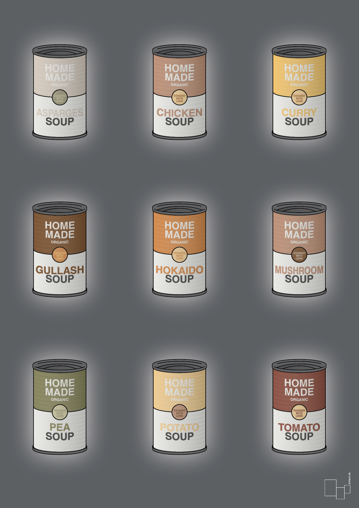 plakat: forskellige dåser med soup - graphic charcoal-Dåser-A1two3