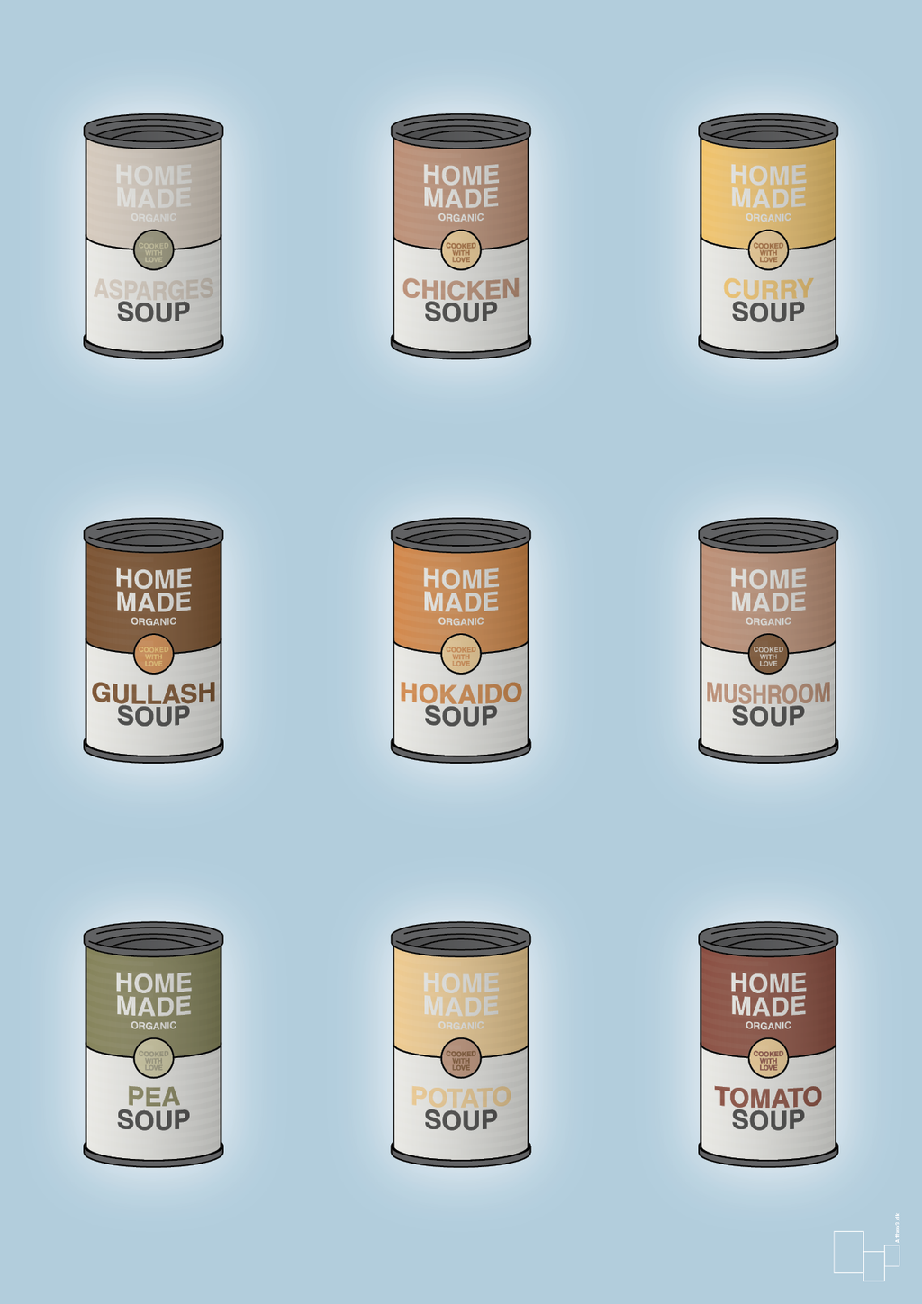 plakat: forskellige dåser med soup - heavenly blue-Dåser-A1two3