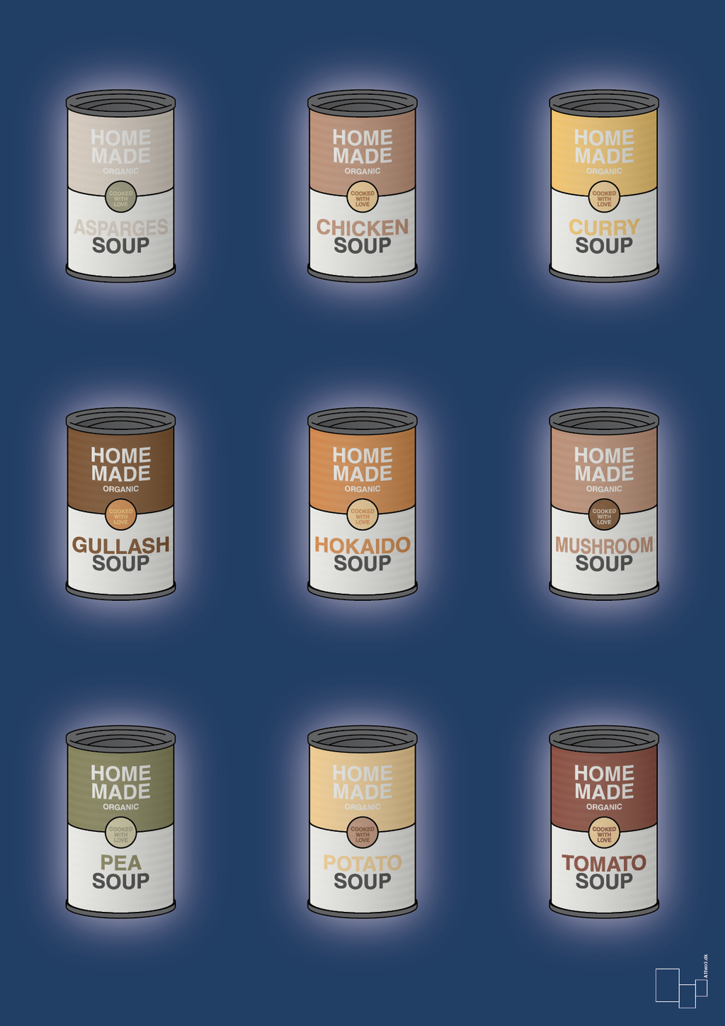 plakat: forskellige dåser med soup - lapis blue-Dåser-A1two3