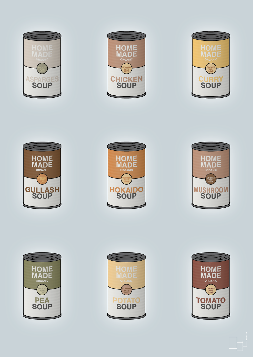 plakat: forskellige dåser med soup - light drizzle-Dåser-A1two3