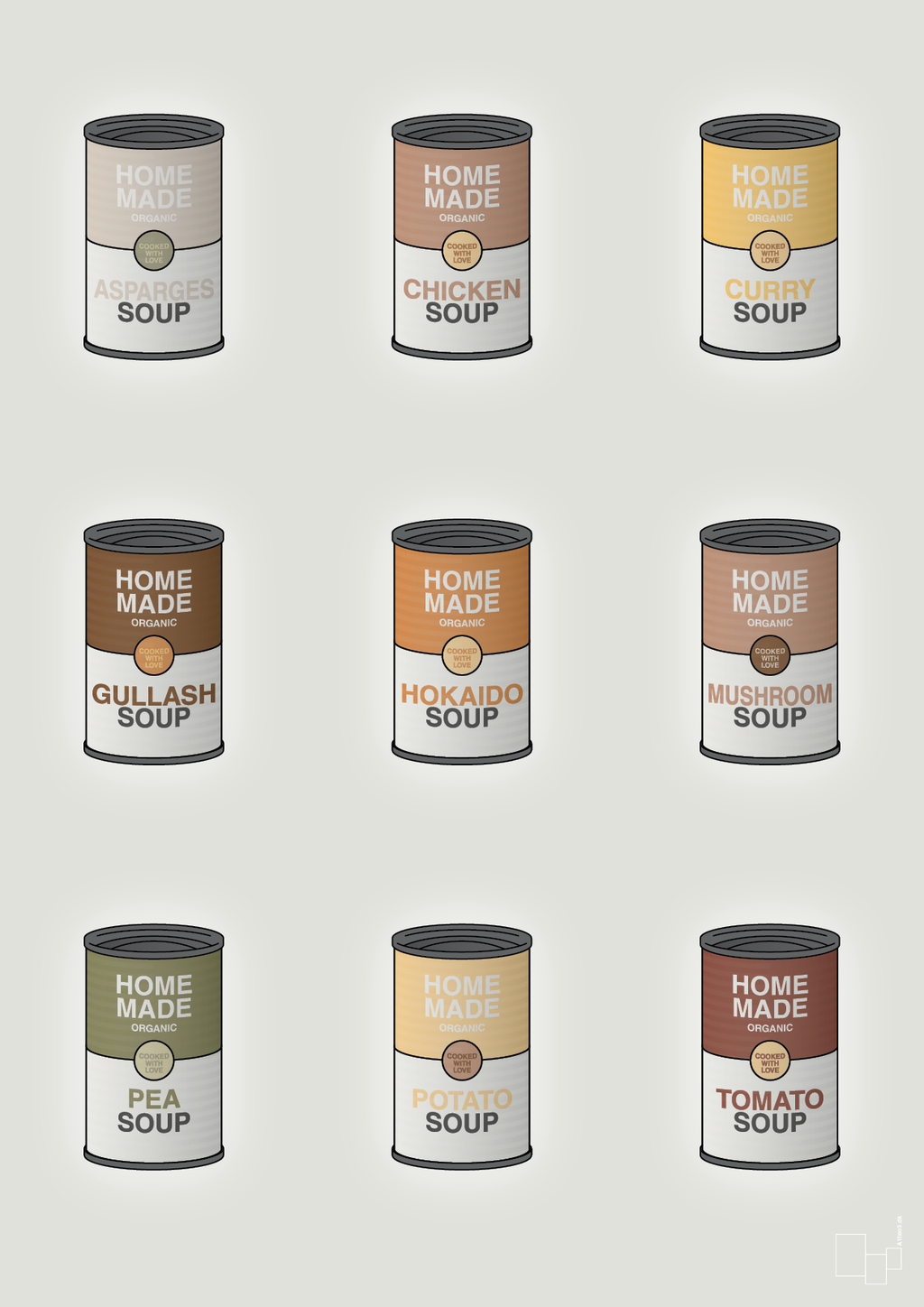 plakat: forskellige dåser med soup - painters white-Dåser-A1two3