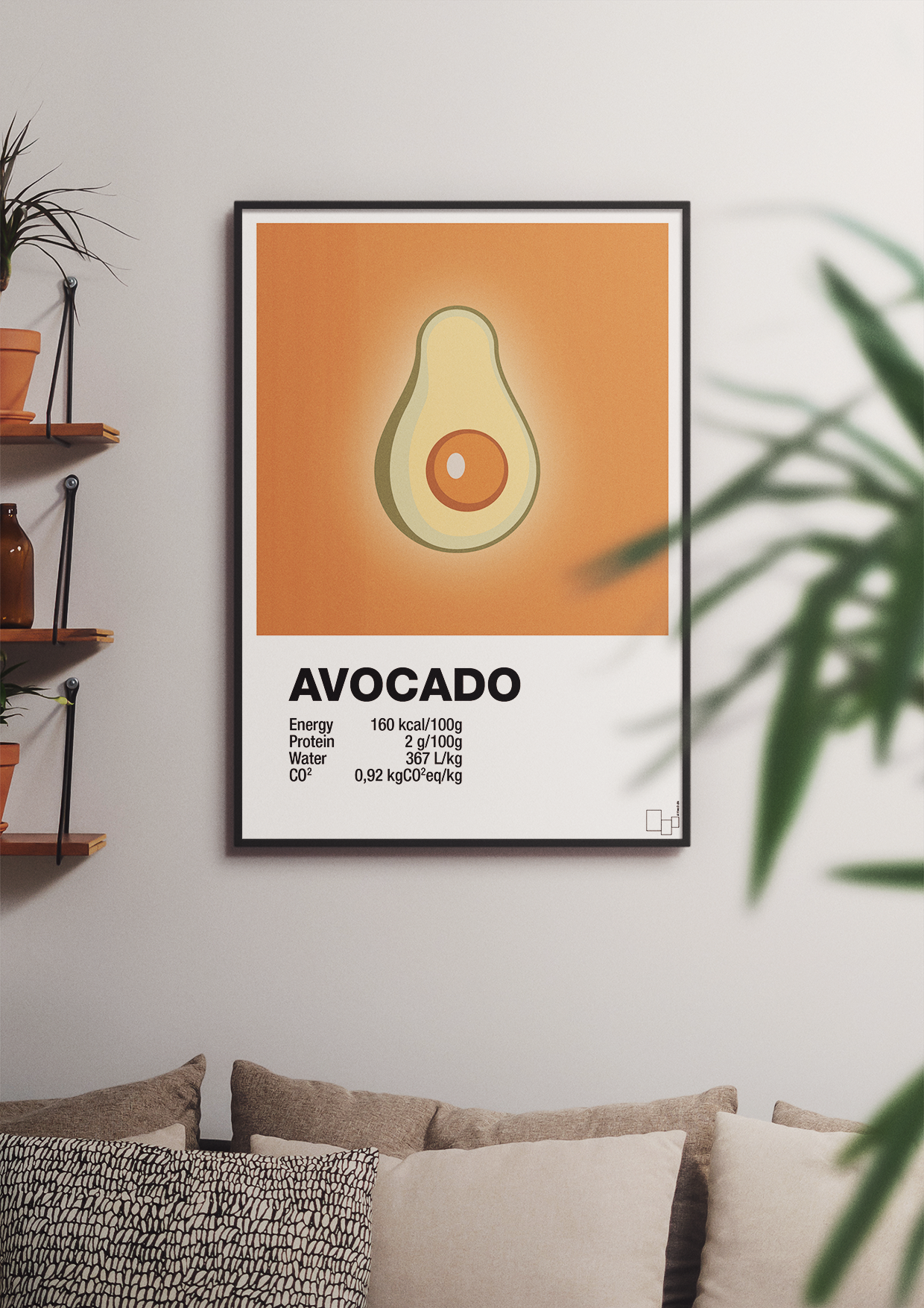 plakat: avocado nutrition og miljø - graphic charcoal-Ingredienser-A1two3