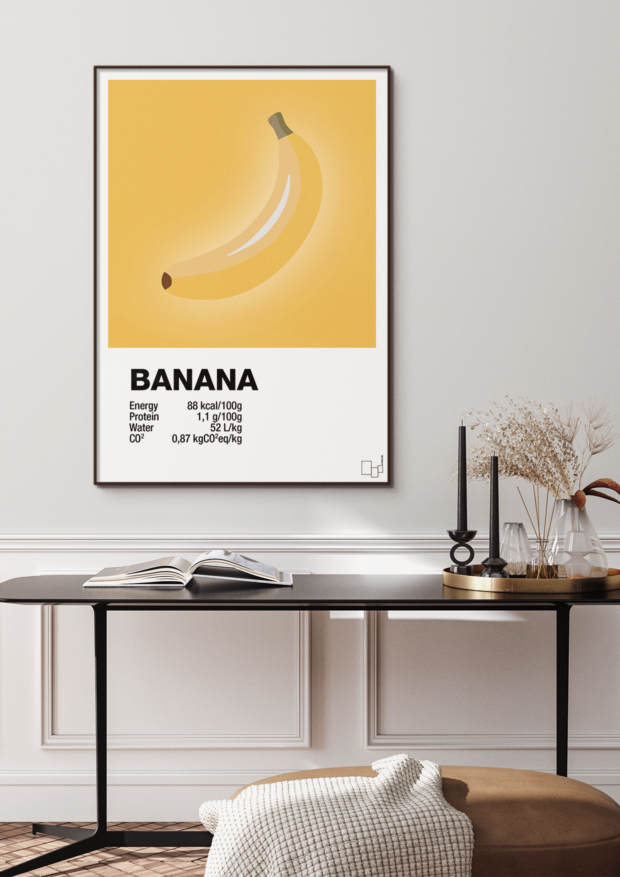 plakat: banana nutrition og miljø - graphic charcoal-Ingredienser-A1two3