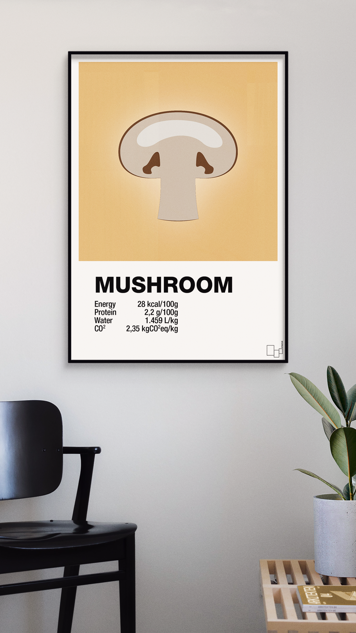 plakat: mushroom nutrition og miljø - graphic charcoal-Ingredienser-A1two3