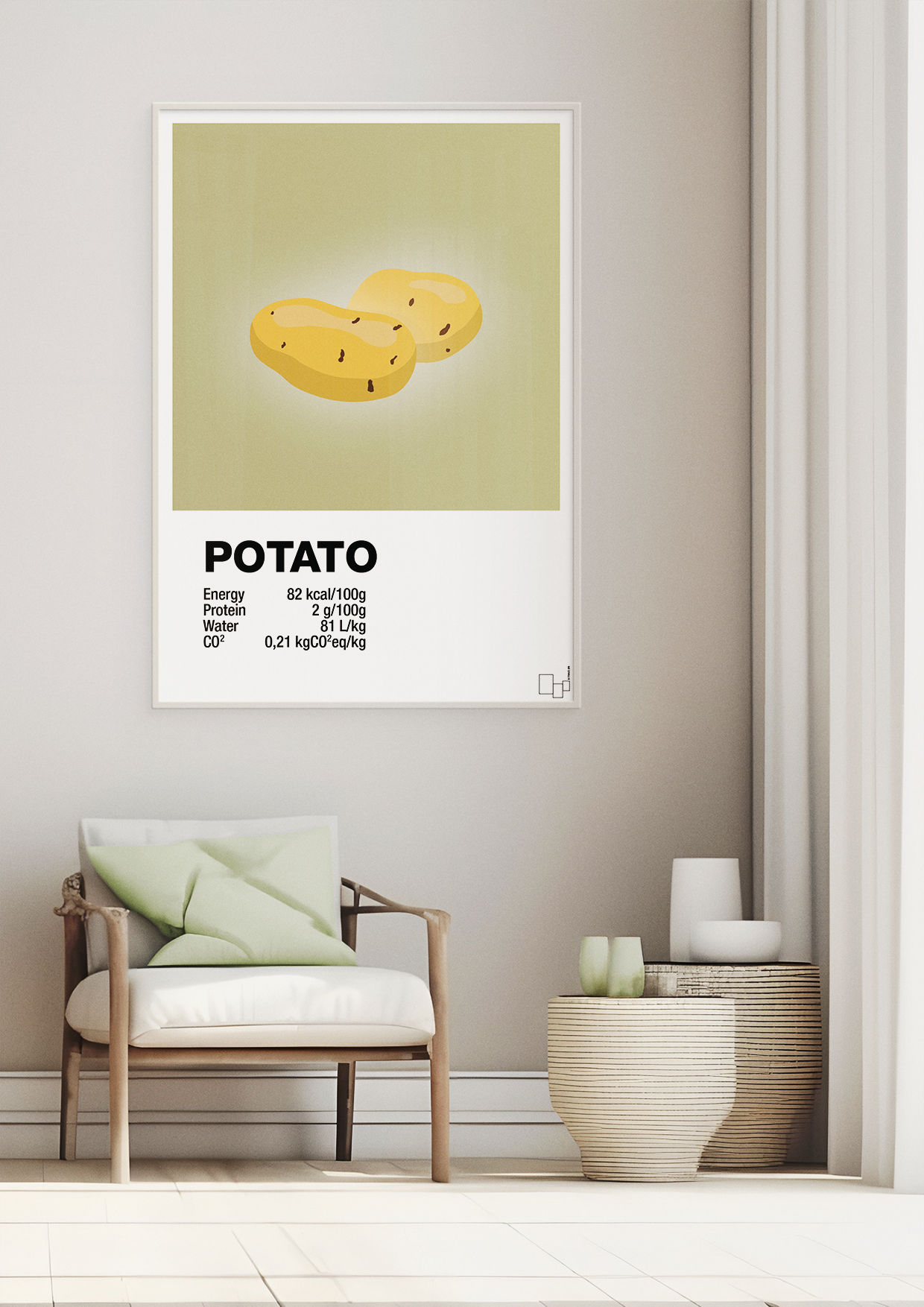 plakat: potato nutrition og miljø - graphic charcoal-Ingredienser-A1two3