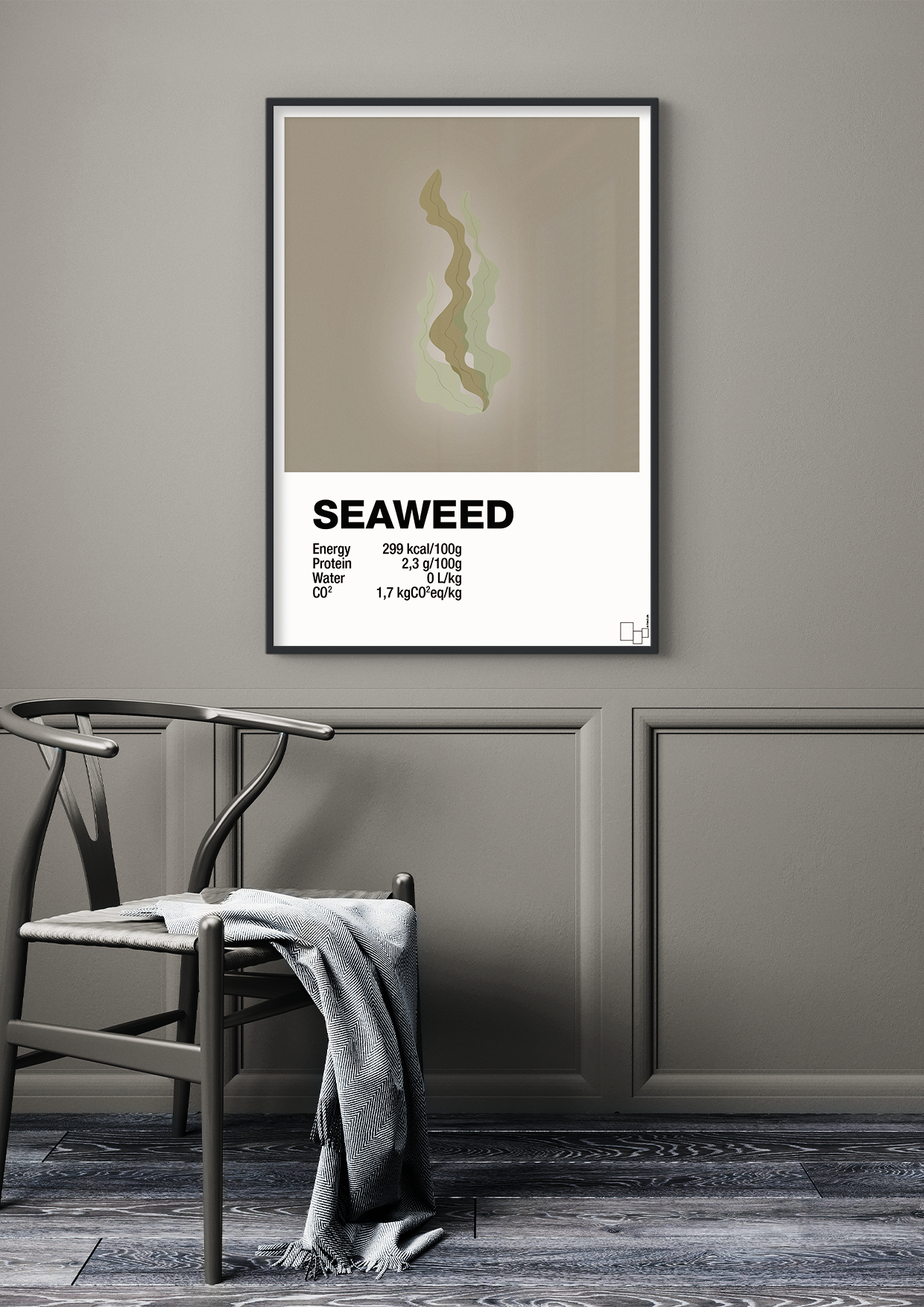 plakat: seaweed nutrition og miljø - graphic charcoal-Ingredienser-A1two3