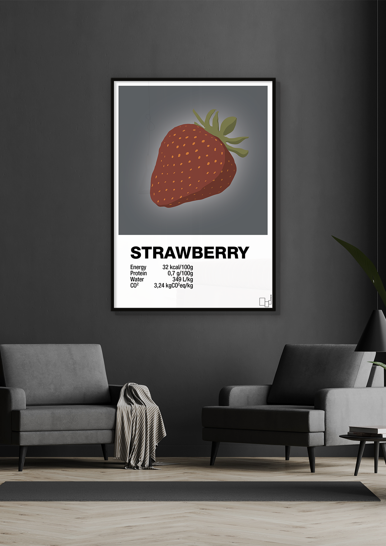 plakat: strawberry nutrition og miljø - graphic charcoal-Ingredienser-A1two3