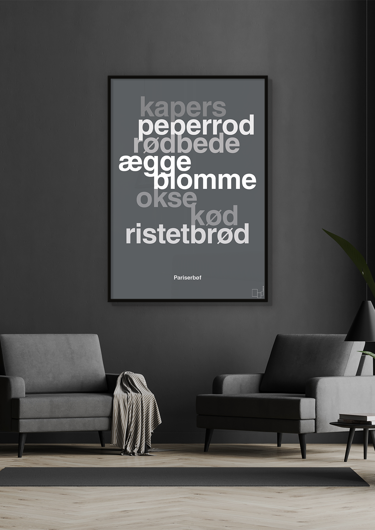 plakat: pariserbøf - graphic charcoal-Opskrifter-A1two3