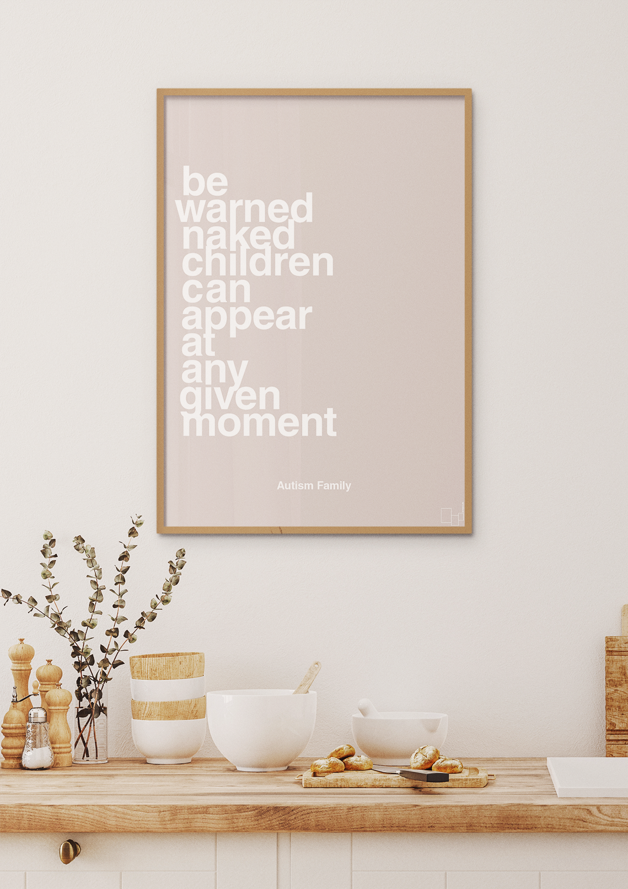 plakat: be warned naked children can appear at any given moment - graphic charcoal-Autisme-A1two3