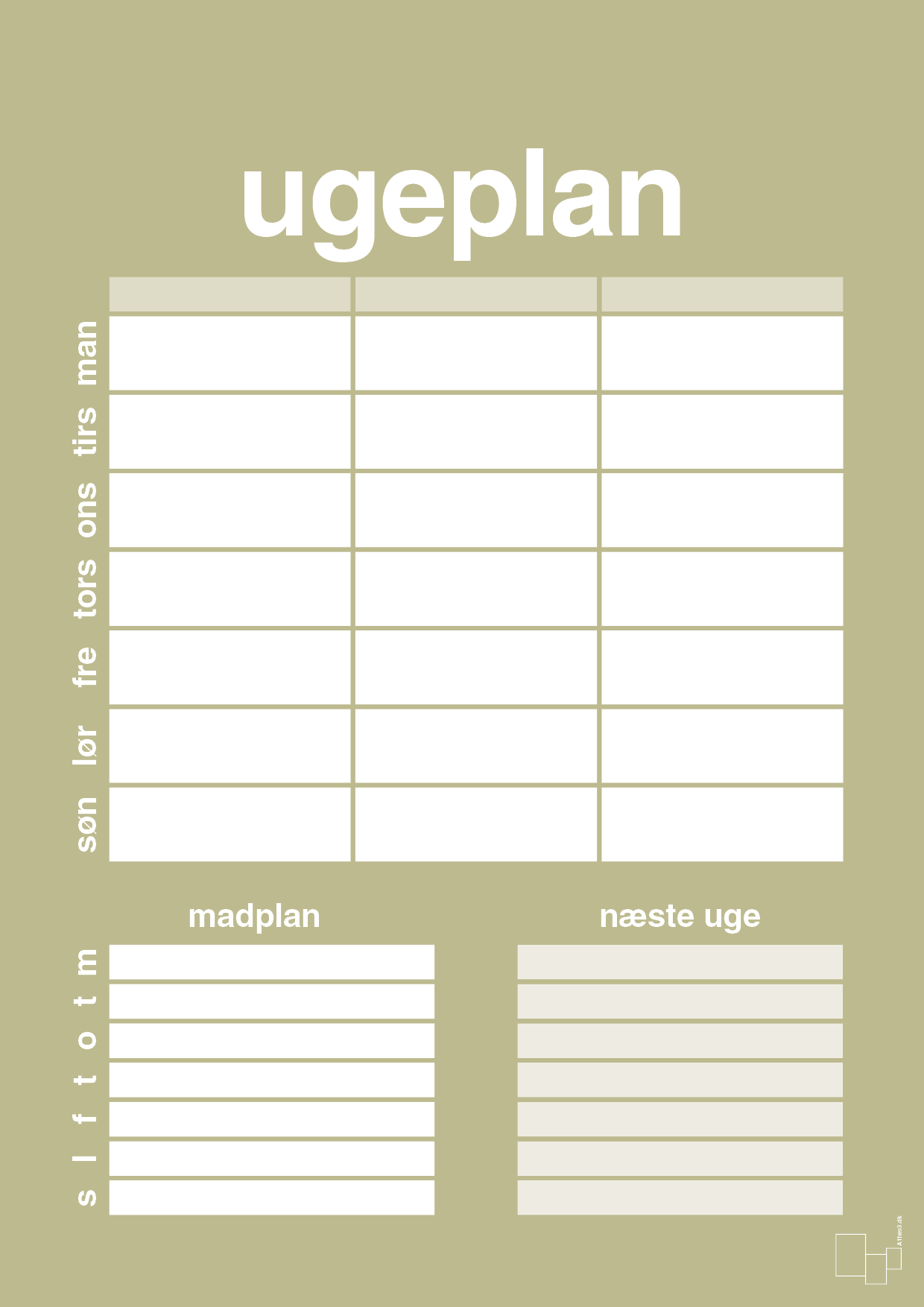plakat: ugeplan til 3 personer - back to nature-Planer-A1two3