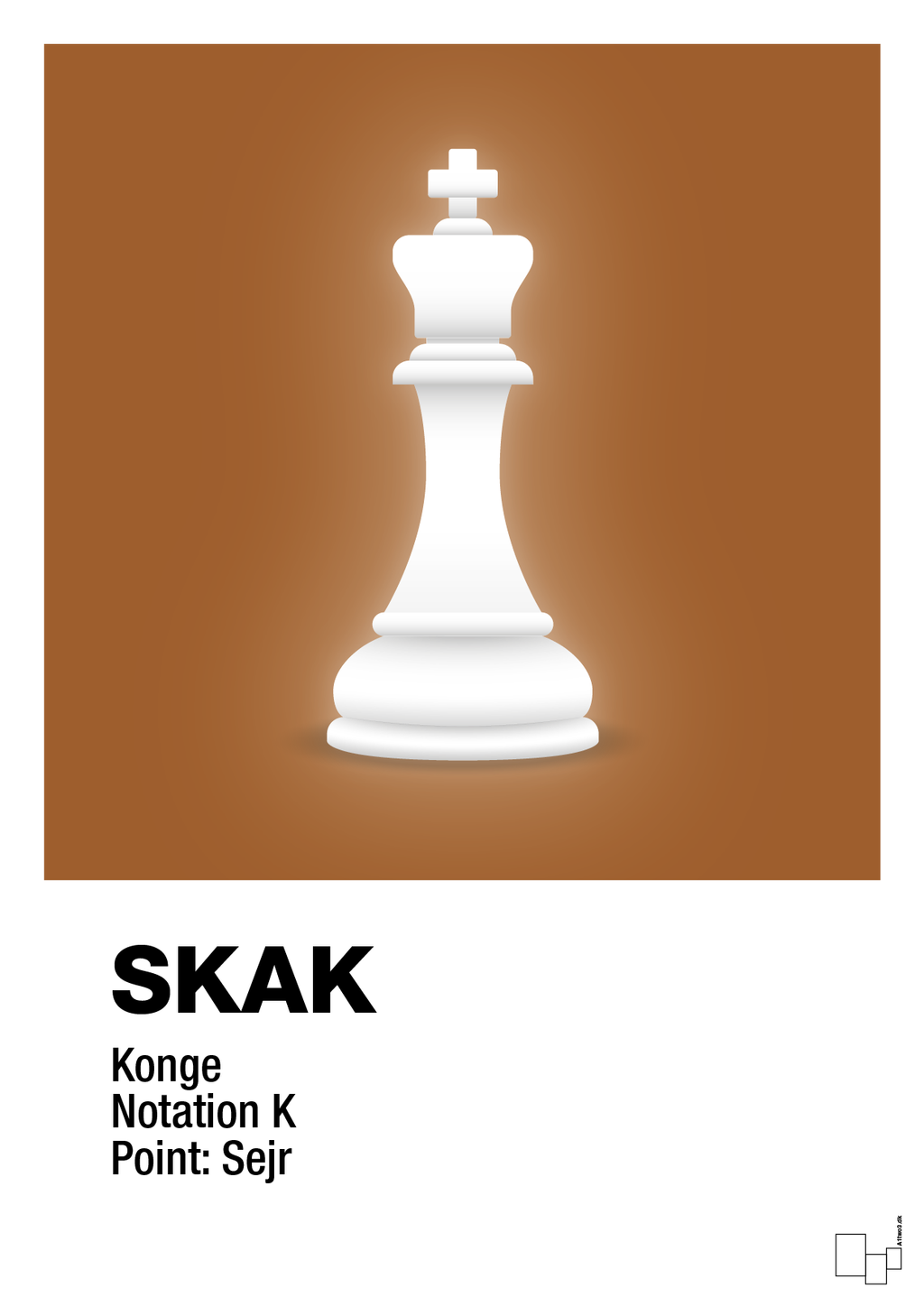 plakat: spillebrikken konge i hvid - cognac-Brætspil-A1two3