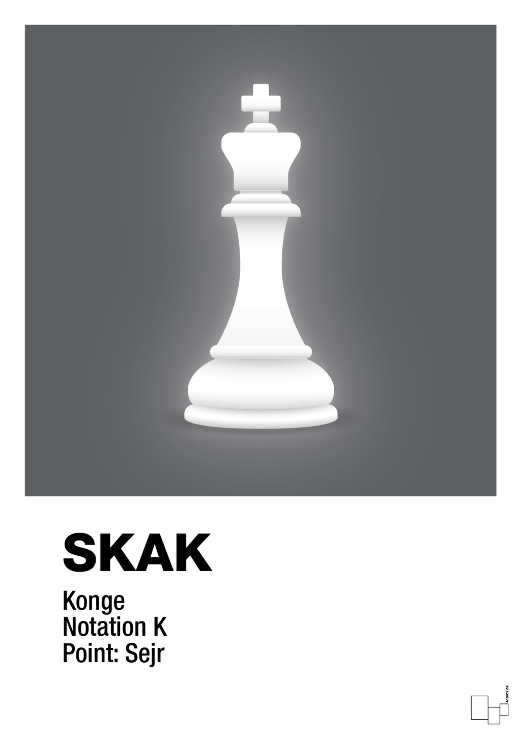 plakat: spillebrikken konge i hvid - graphic charcoal-Brætspil-A1two3