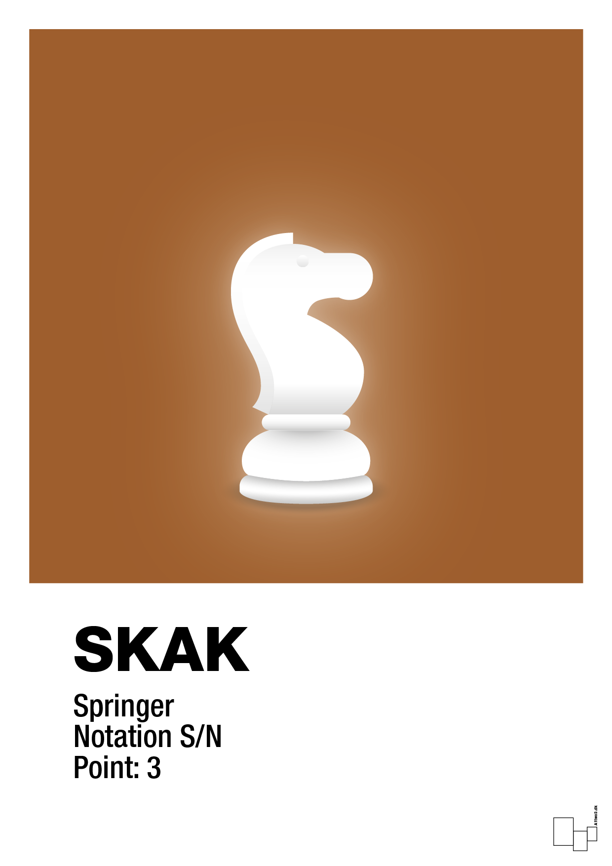 plakat: spillebrikken springer i hvid - cognac-Brætspil-A1two3