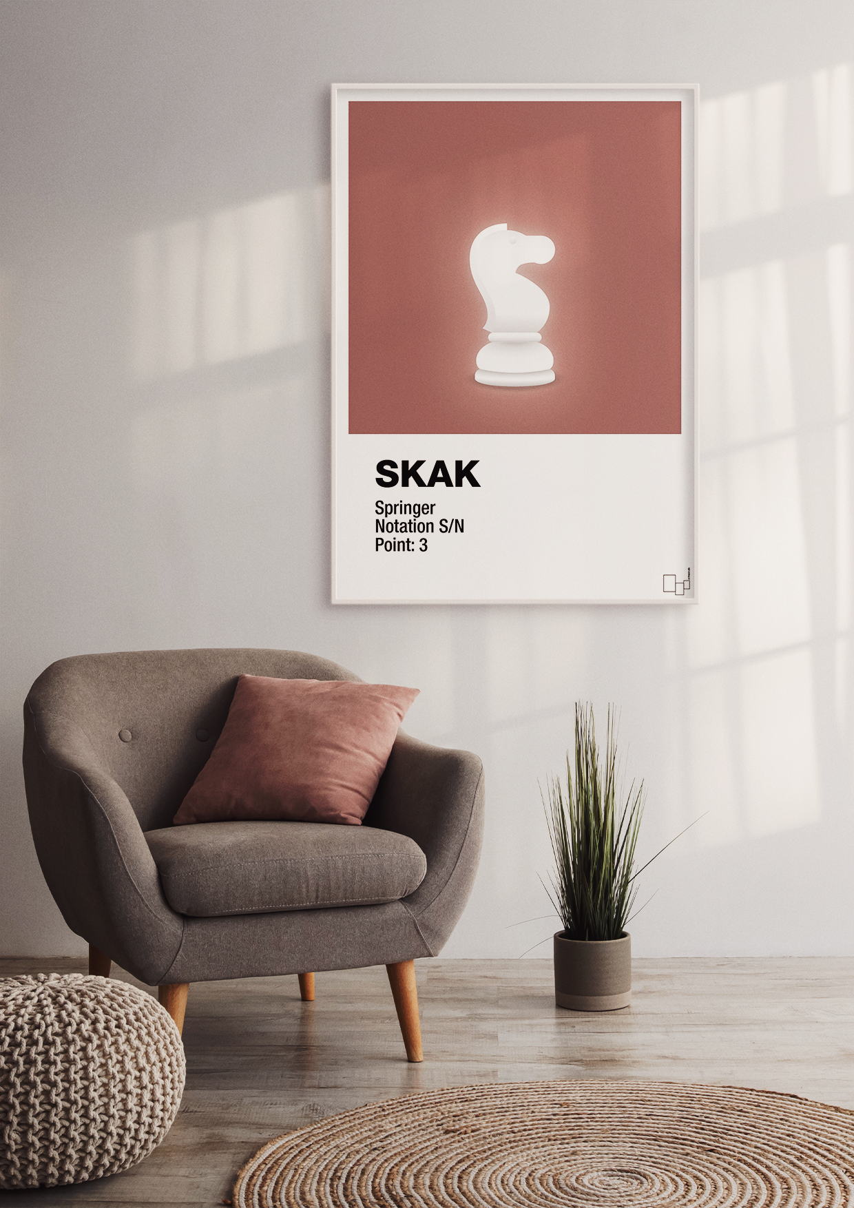 plakat: spillebrikken springer i hvid - cognac-Brætspil-A1two3