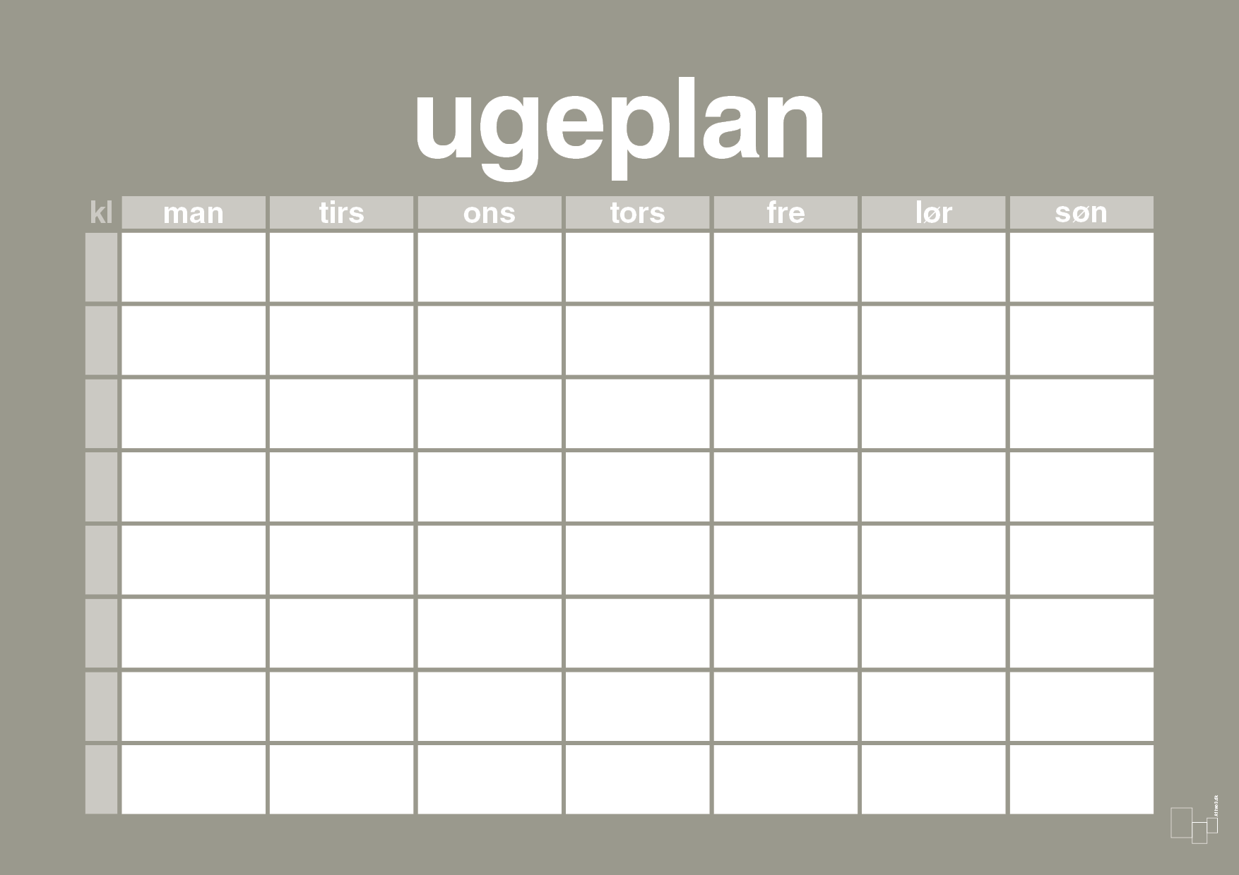 plakat: ugeplan horizontal timer enkel - battleship gray-Planer-A1two3