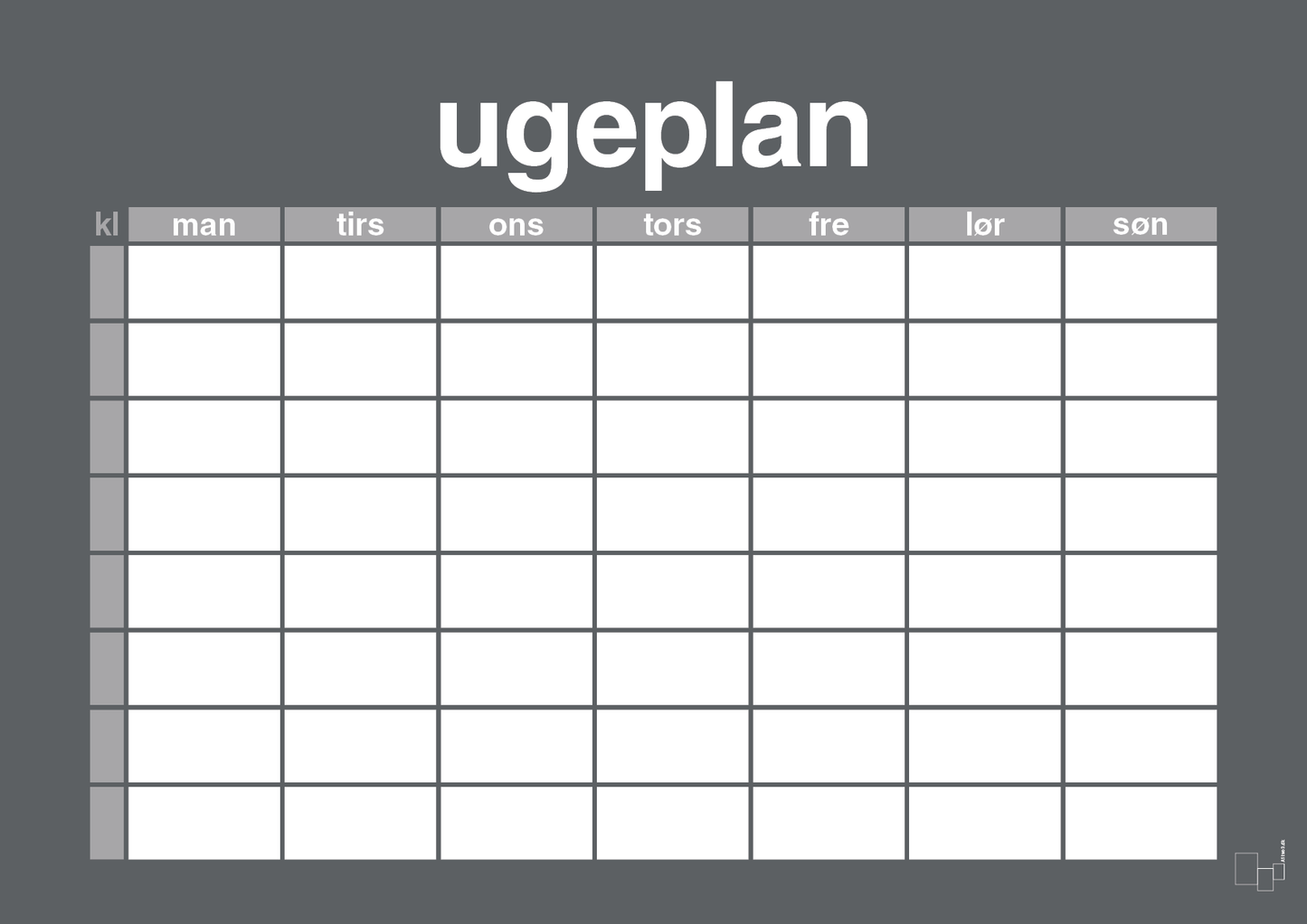 plakat: ugeplan horizontal timer enkel - graphic charcoal-Planer-A1two3