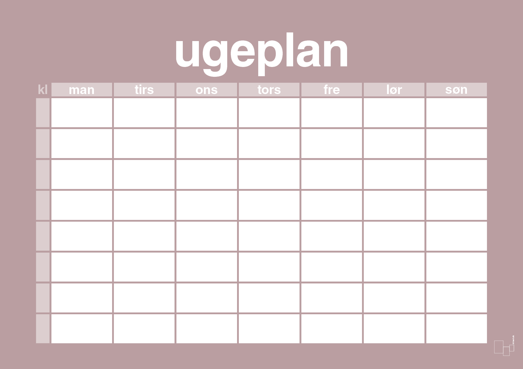 plakat: ugeplan horizontal timer enkel - light rose-Planer-A1two3
