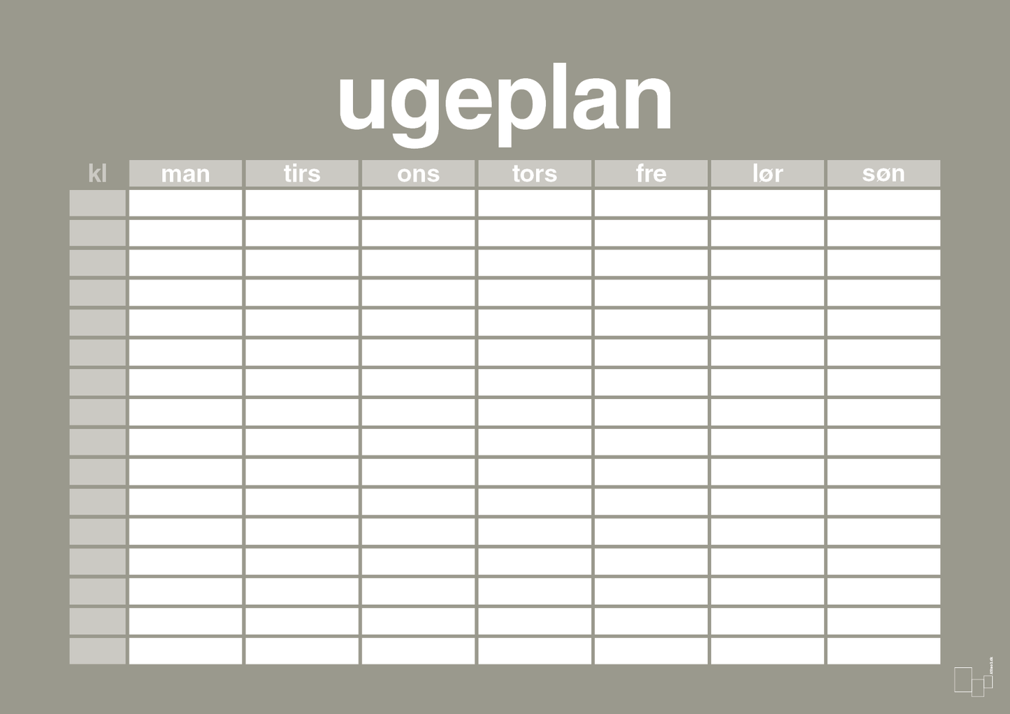 plakat: ugeplan horizontal timer detaljeret - battleship gray-Planer-A1two3