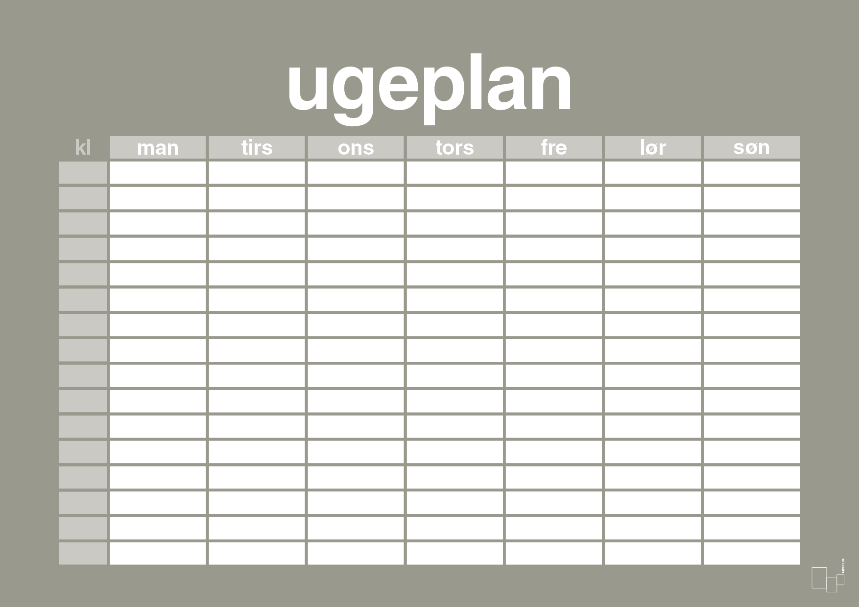plakat: ugeplan horizontal timer detaljeret - battleship gray-Planer-A1two3
