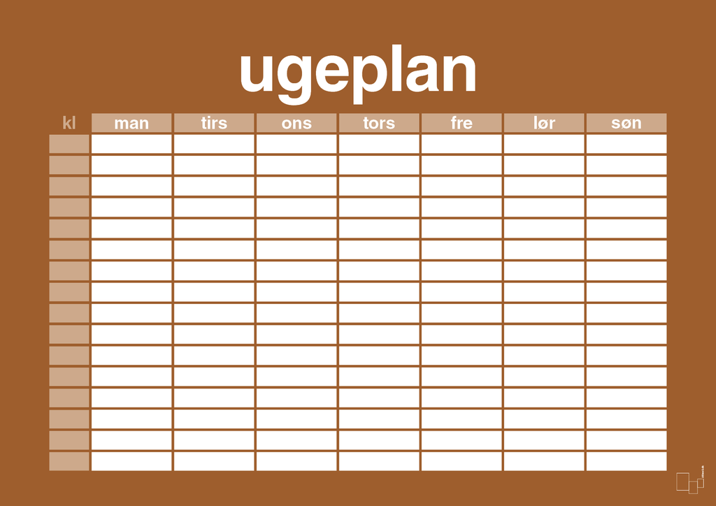 plakat: ugeplan horizontal timer detaljeret - cognac-Planer-A1two3