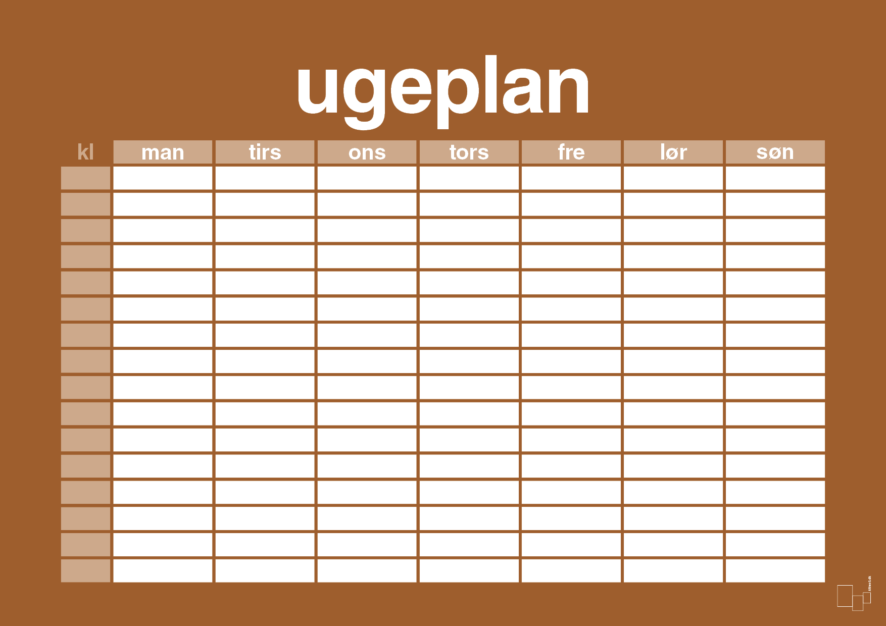 plakat: ugeplan horizontal timer detaljeret - cognac-Planer-A1two3
