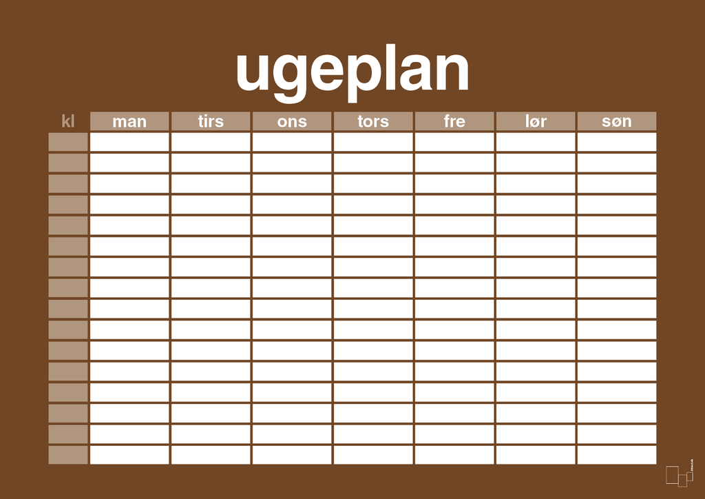plakat: ugeplan horizontal timer detaljeret - dark brown-Planer-A1two3
