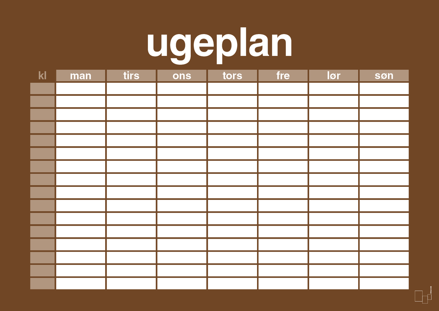 plakat: ugeplan horizontal timer detaljeret - dark brown-Planer-A1two3